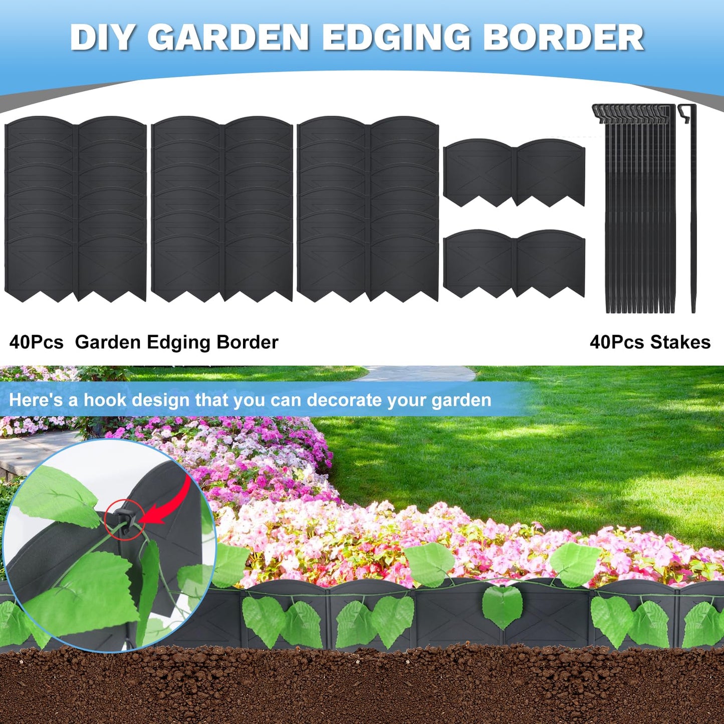 Vashly 6 inch Tall 40Ft Landscape Edging Black Garden Edging with 40Pcs Garden Stakes 7.8 Inch, 40Pcs Edging for Landscaping Plastic Garden Edging Border Flower Bed Edging Borders Lawn Edging