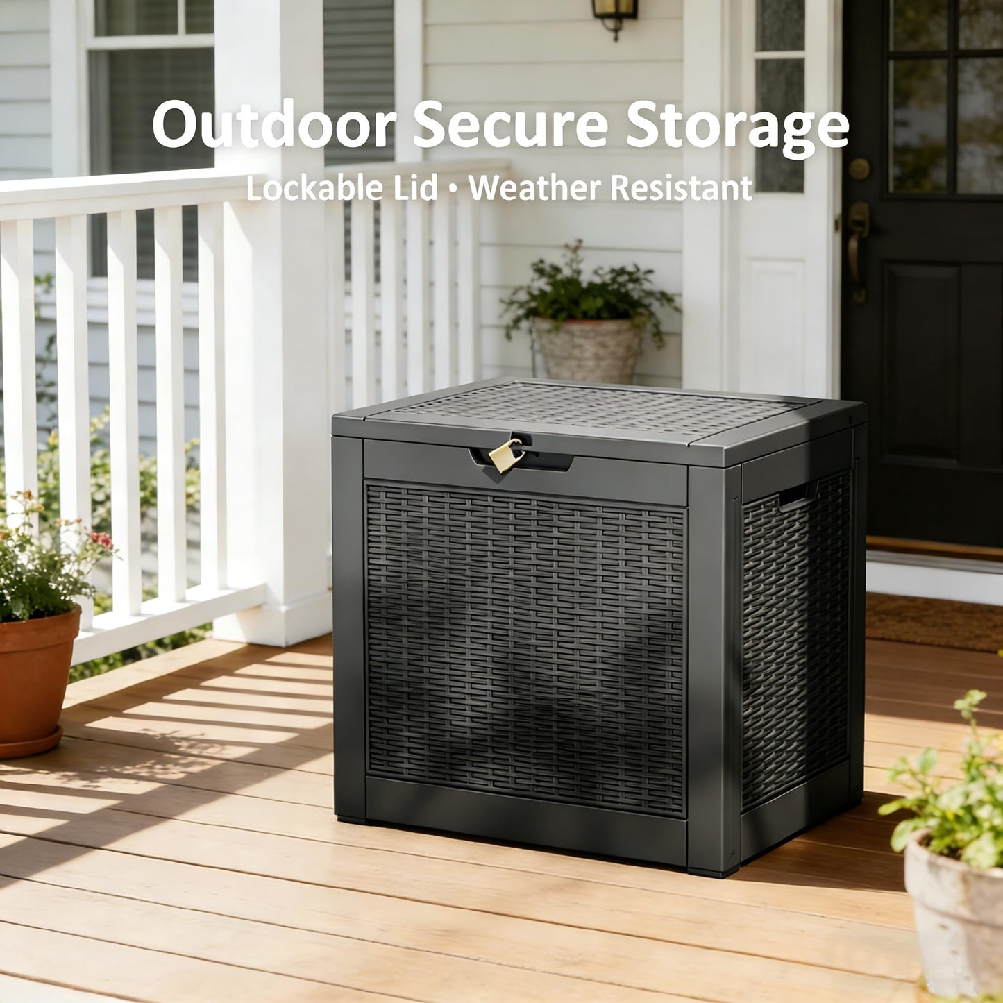 WTFGO 31 Gallon Outdoor Storage Box, Resin Deck Boxes Outdoor Waterproof For Patio Furniture, Garden Tools, Pool Supplies, Lockable And UV Resistant (Rattan Black)