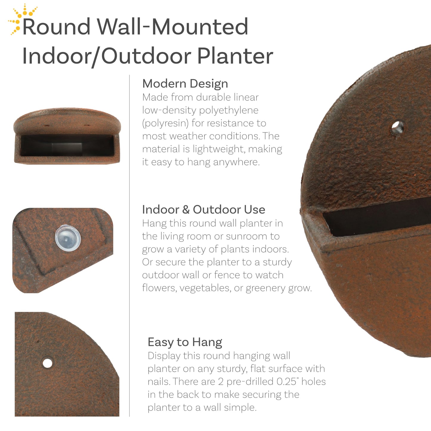 Sunnydaze 12" Round Wall Planter - Polyresin Wall-Hanging Flower Pot for Indoor or Outdoor Use - Dark Brown
