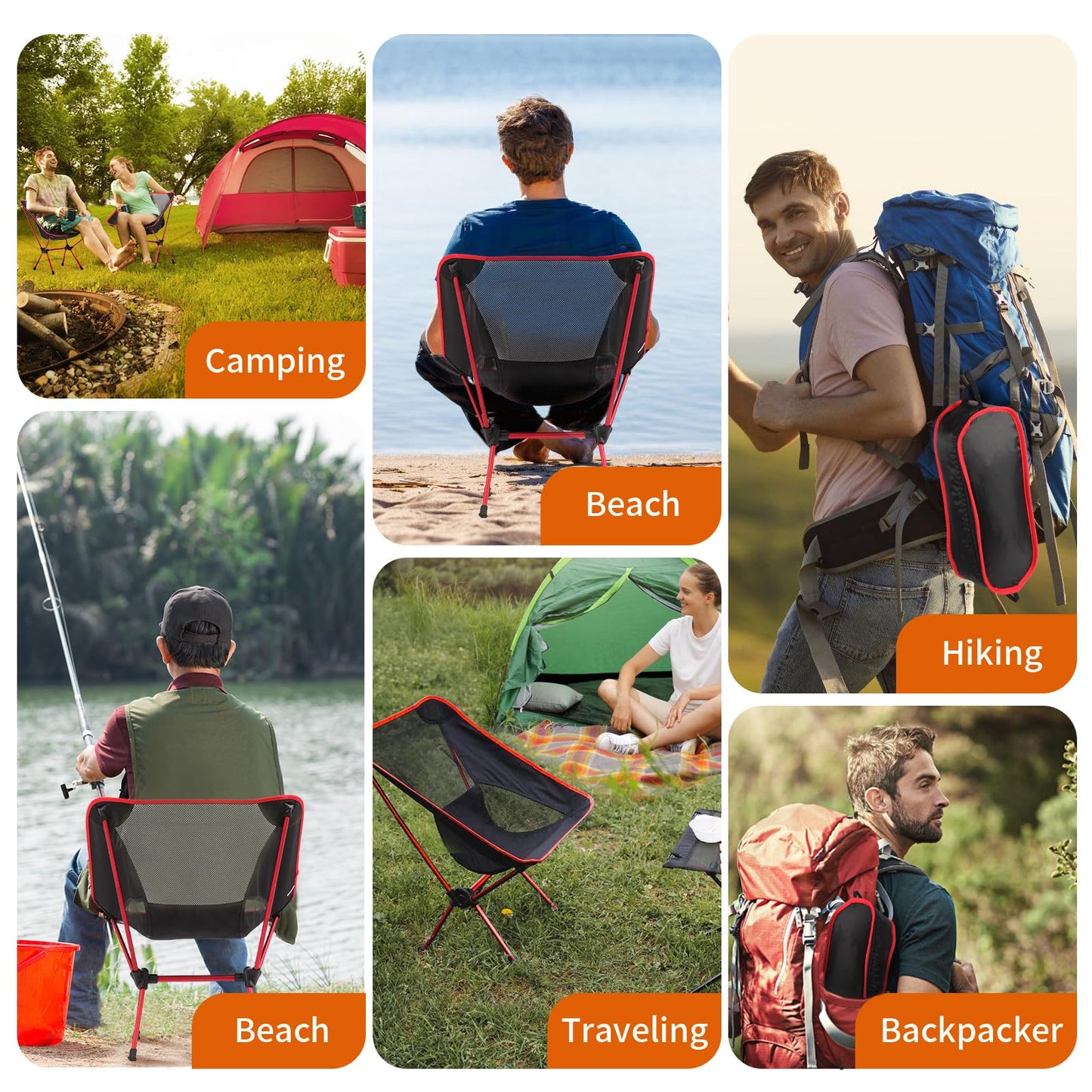 Veathzet Ultralight Camping Chair, Foldable Portable Camping Chair with Breathable Nylon Mesh, Compact Design & Carry Bag for Hiking, Backpacking, Beach, Concerts (Black&red)