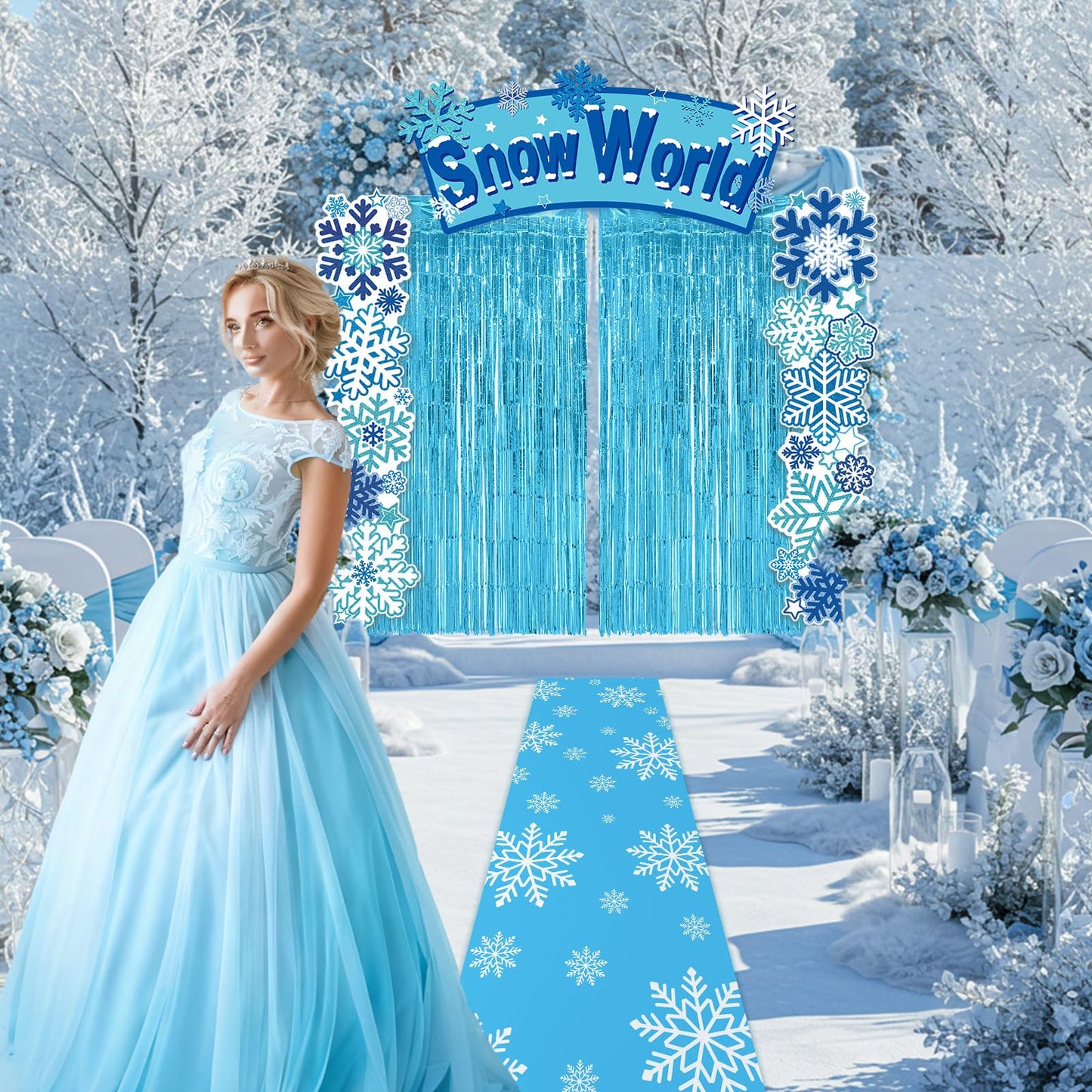 VitalCozy 7pcs Birthday Party Decorations Snowflake Tinsel Foil Fringe Curtains Porch Banners Snow Rug Backdrop for Wonderland Party Decoration Winter Supplies