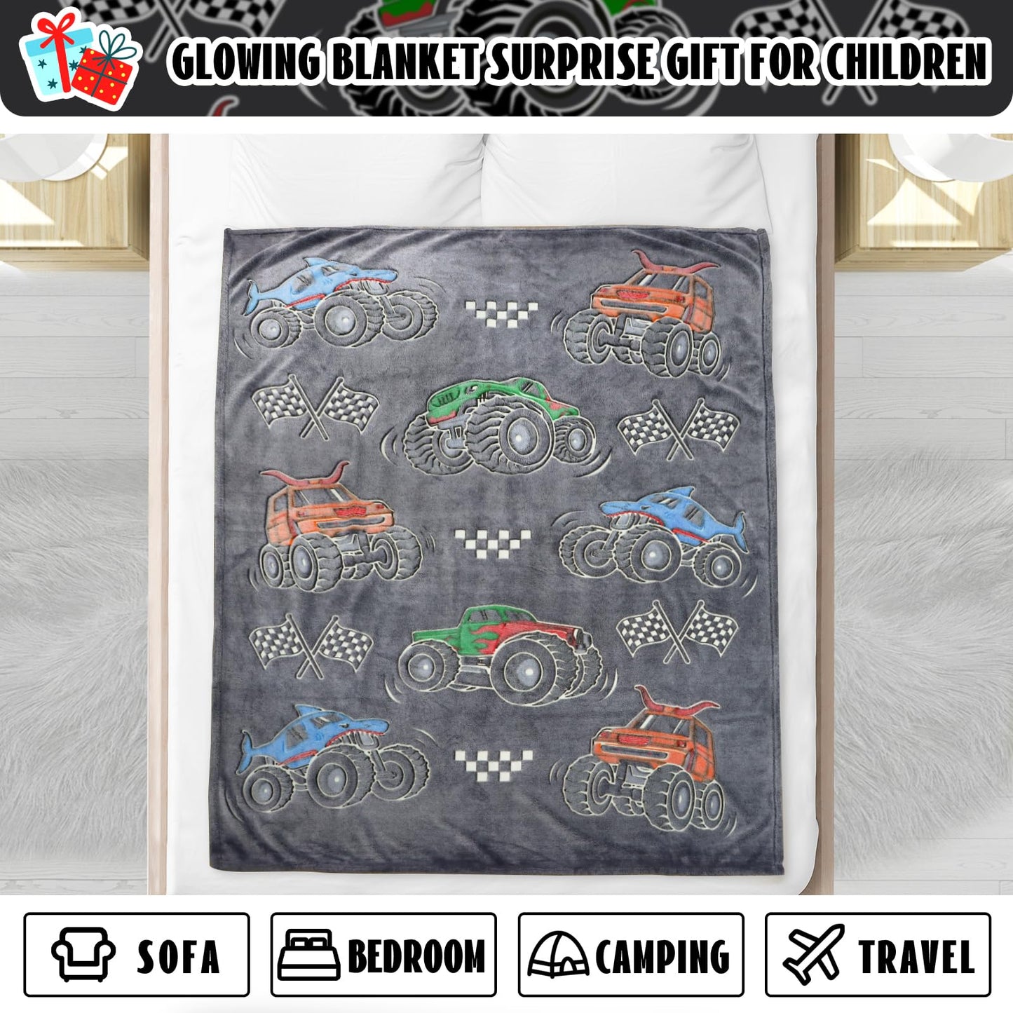 Boys Truck Car Toys Unique Gifts for Kids Glow in The Dark Blanket Glowing Cartoon Tractor Throw Blanket Soft Fleece Blanket Excavators Room Bed Sofa Decor Blankets
