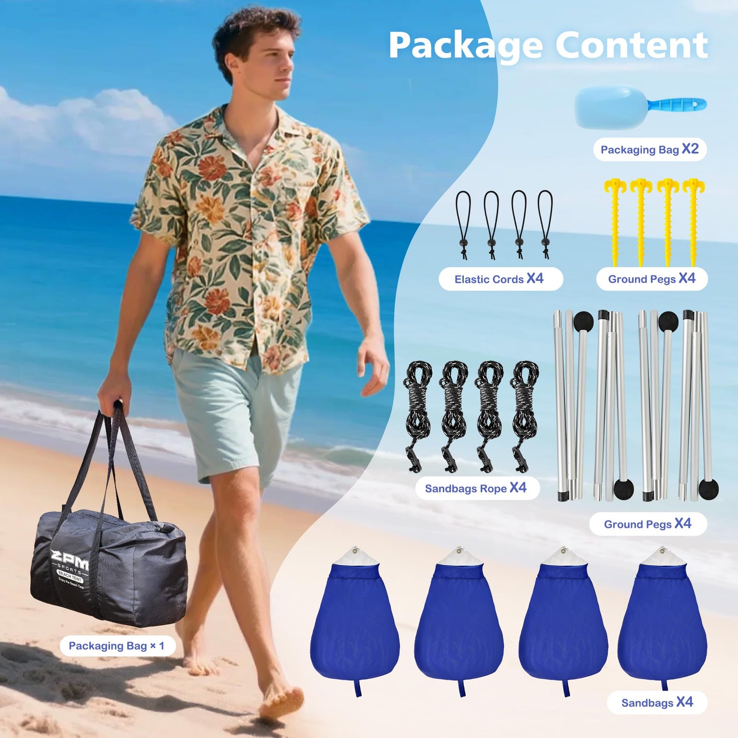 2PM SPORTS Beach Tent Sun Shelter 10x10 FT - UPF 50+ UV Protection, 8 Sandbags, Easy Setup, Portable Beach Shade Canopy for Family Picnic Camping Travel