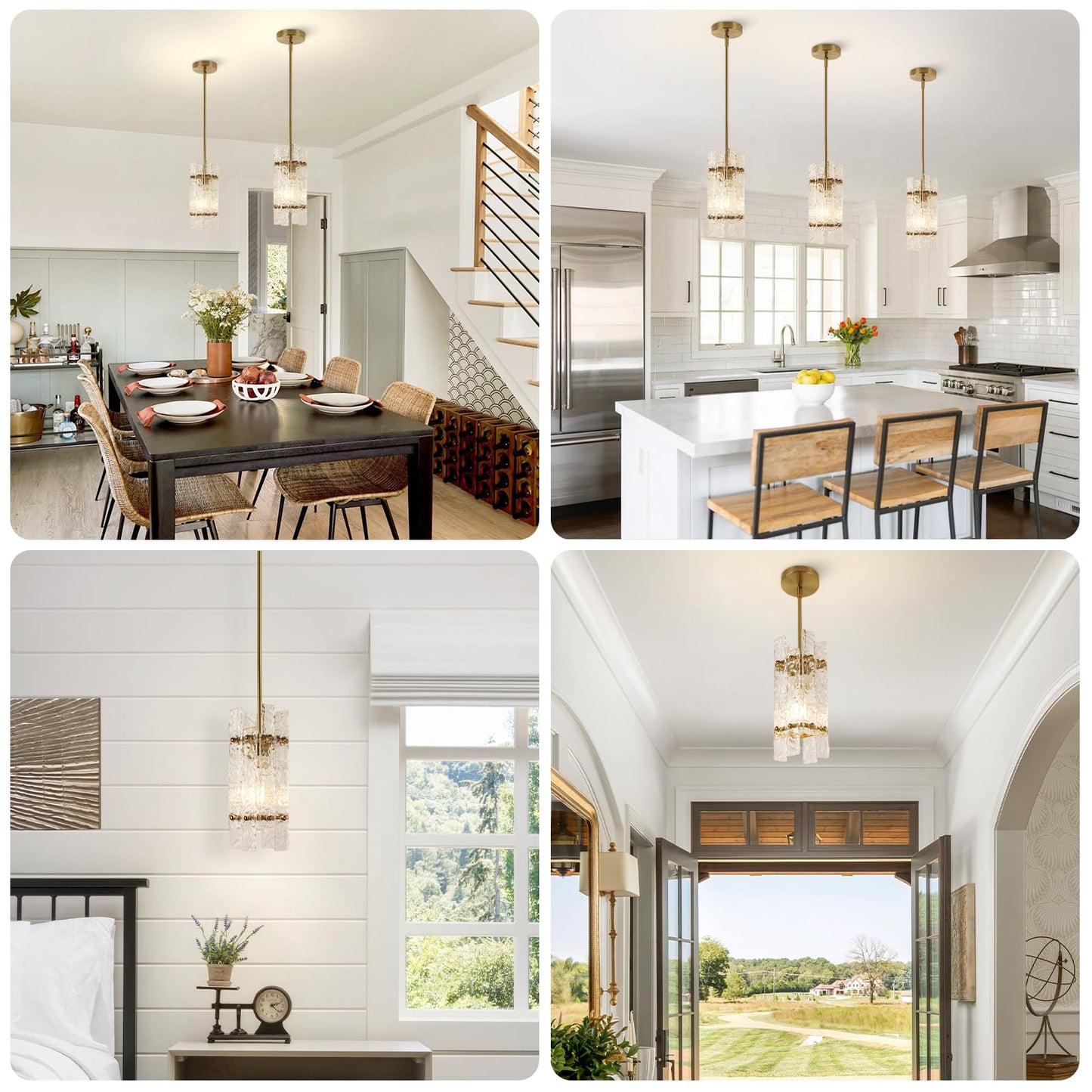 Modern Crystal Pendant Light for Kitchen Island, Gold Luxury Mini Water Ripple Glass Chandelier Lights Fixture, Modern square Adjustable Hanging Pendant Lighting for Dining Room Bedroom (3-Pack)