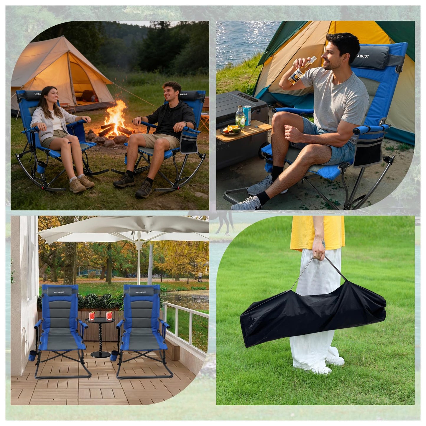 WKFAMOUT 13.8" High Seat Rocking Camping Chair Outdoor with Foot Rest & Headrest, Oversized Folding Rocker Chair with Carry Bag for Lawn Patio Supports 300 lbs