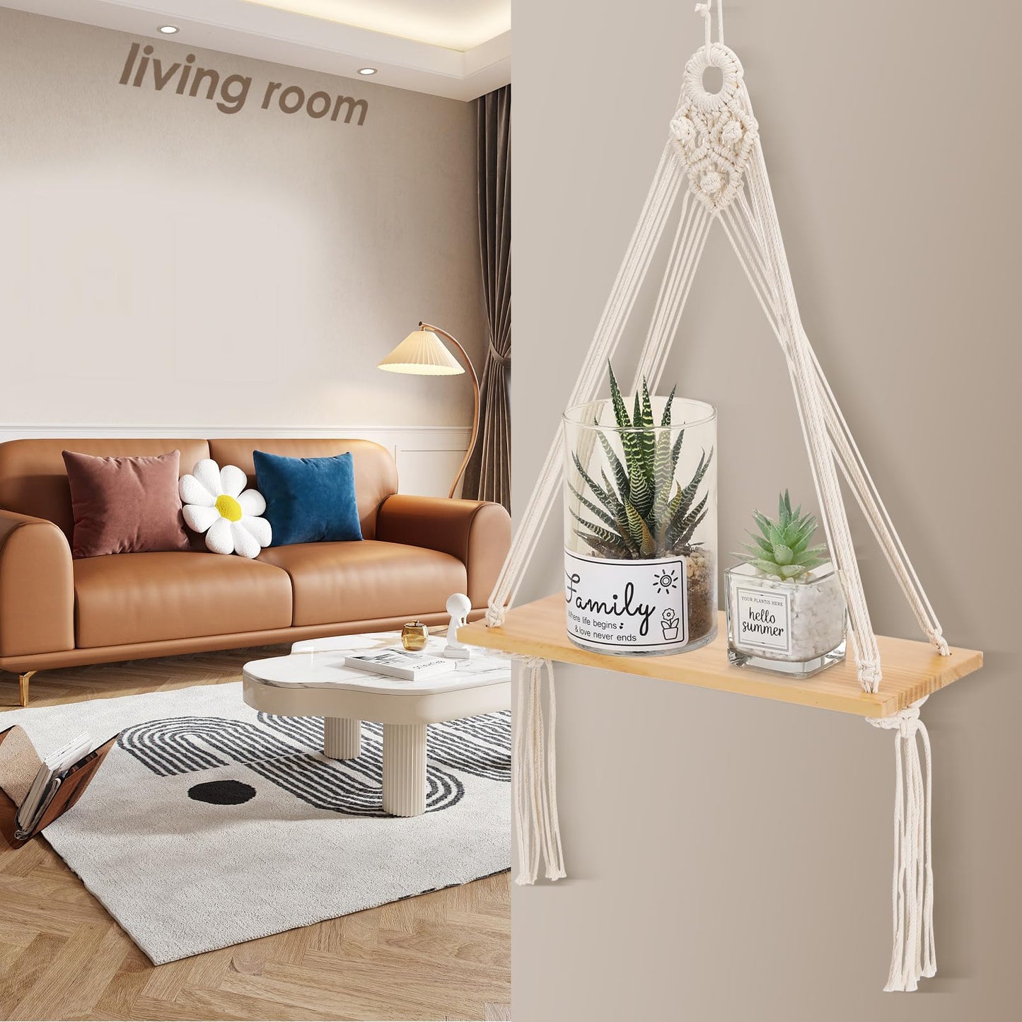 Sunkaioo Macrame Wall Hanging Shelf Set of 2,Boho Wooden Display Floating Shelves for Wall Decor with Handmade Woven Rope,Farmhouse Rustic Plant Shelf for Bedroom Dorm Nursery Living Room Bathroom