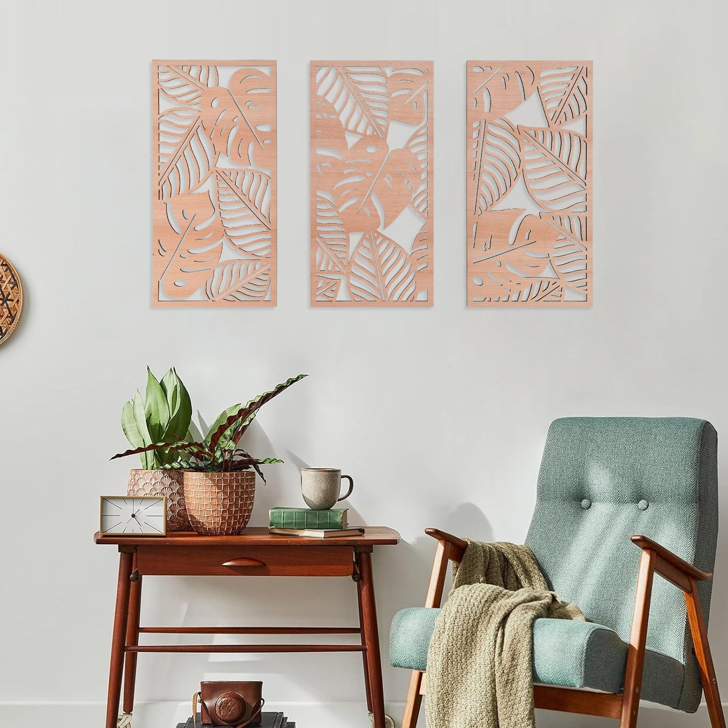 Tropical Decor 3D Wood Wall Art Set of 3, Carved Palm Tree Coastal Wall Decor, Hawaiian Wooden Wall Art for Bedroom, Bathroom, Living Room (Palm Leaf Cutout - 15.7 x 7.87 inch)