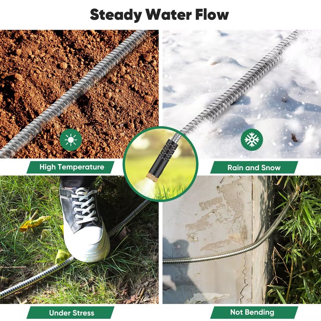 Garden Hose 50ft, Heavy Duty Stainless Steel Water Hose with 10 Functional Nozzles, No Kink, Lightweight and Flexible, Easy to Use and Store, Strong and Sturdy, Suitable for Yard and Lawn