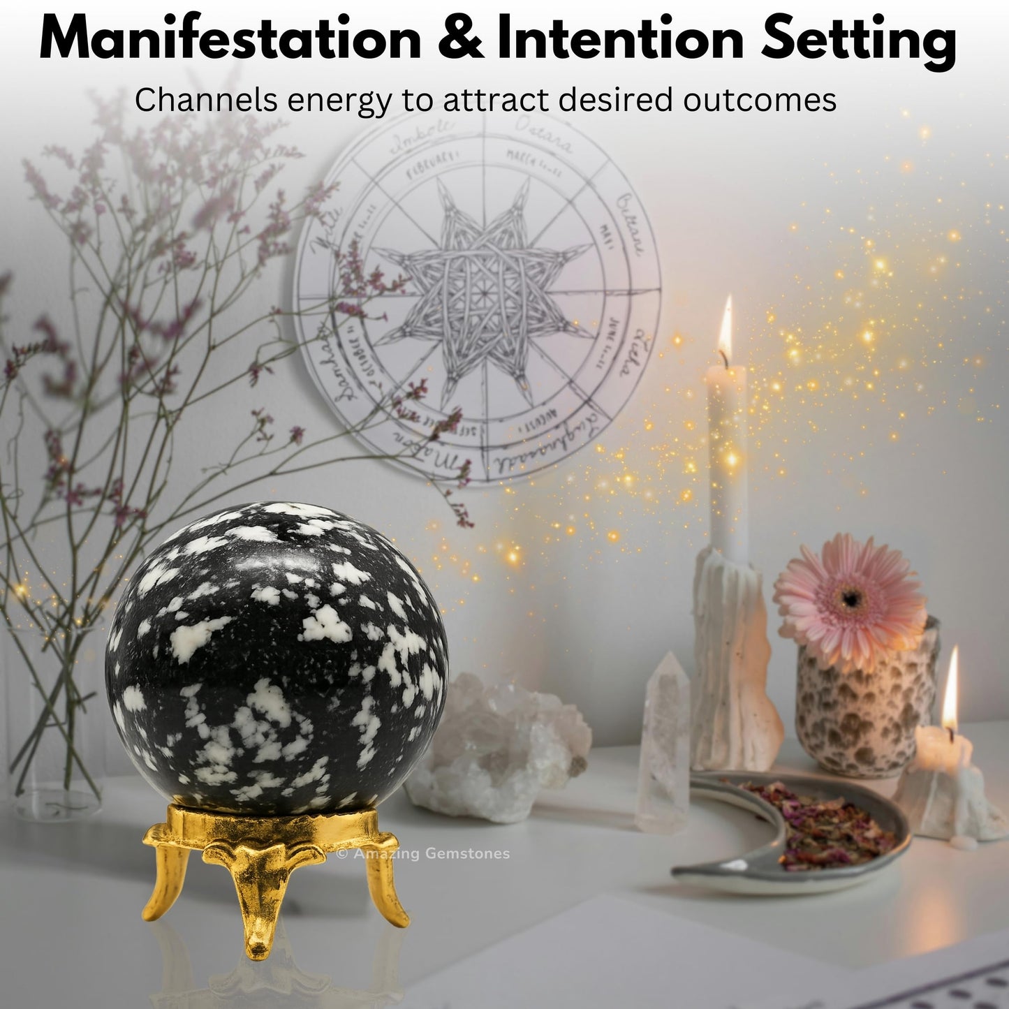 Amazing Gemstone Black and White Tourmaline Crystal Ball with Stand - 2" Inches Crystal Sphere Meditation Balls for Witchcraft and Decorative Balls