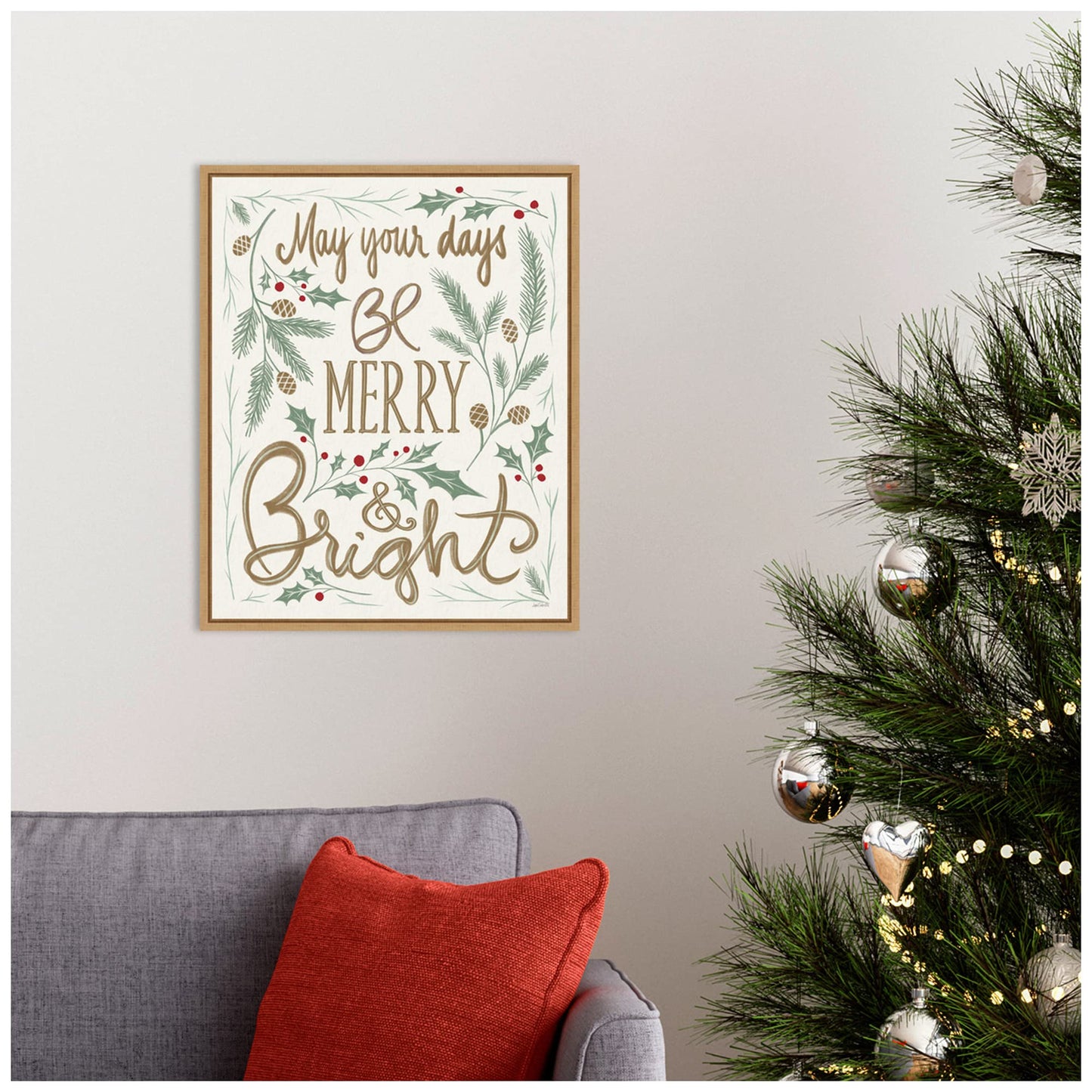 Amanti Art Framed Canvas Wall Art 20x16 Merry and Bright Holly by Anne Tavoletti, Framed Wall Art Canvas, Holidays Artwork, Modern Contemporary Decor, Small Poster Painting for Living Room, Bedroom