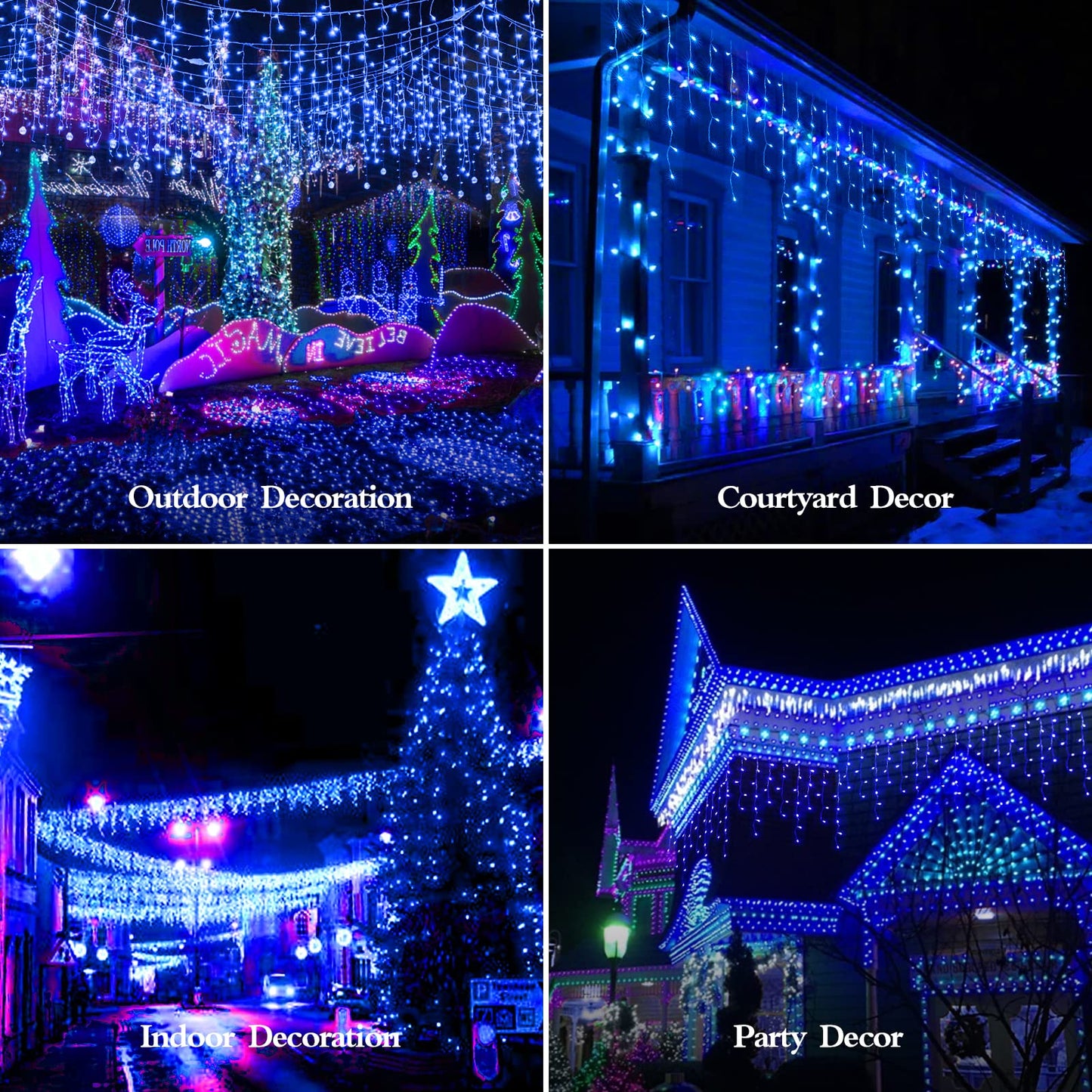 FLVOECN 480 LED 49FT Christmas Lights Plug in 8 Modes with Timer Dimmable Christmas Decorations Outdoor Waterproof Indoor Curtain String Lights for Roof Porch Garden Holiday Wedding Party Decor Blue