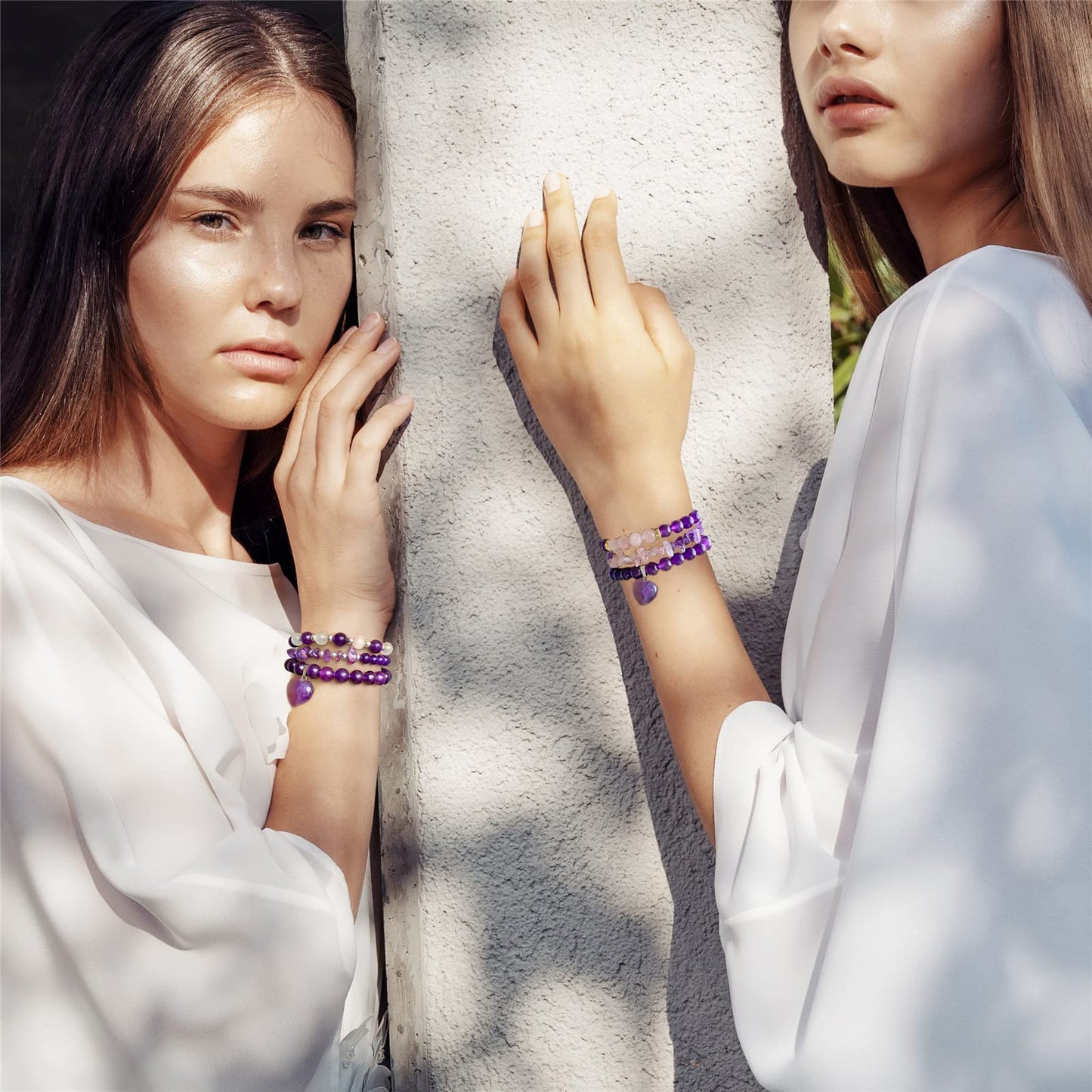 Vinswet Healing Crystal Beaded Bracelets for Women,Natural Amethyst Rose Quartz Gemstones Bracelet,Anxiety Stress Relief Heart Charm Bracelet Handmade purple Jewelry Gifts for Women (3pcs)
