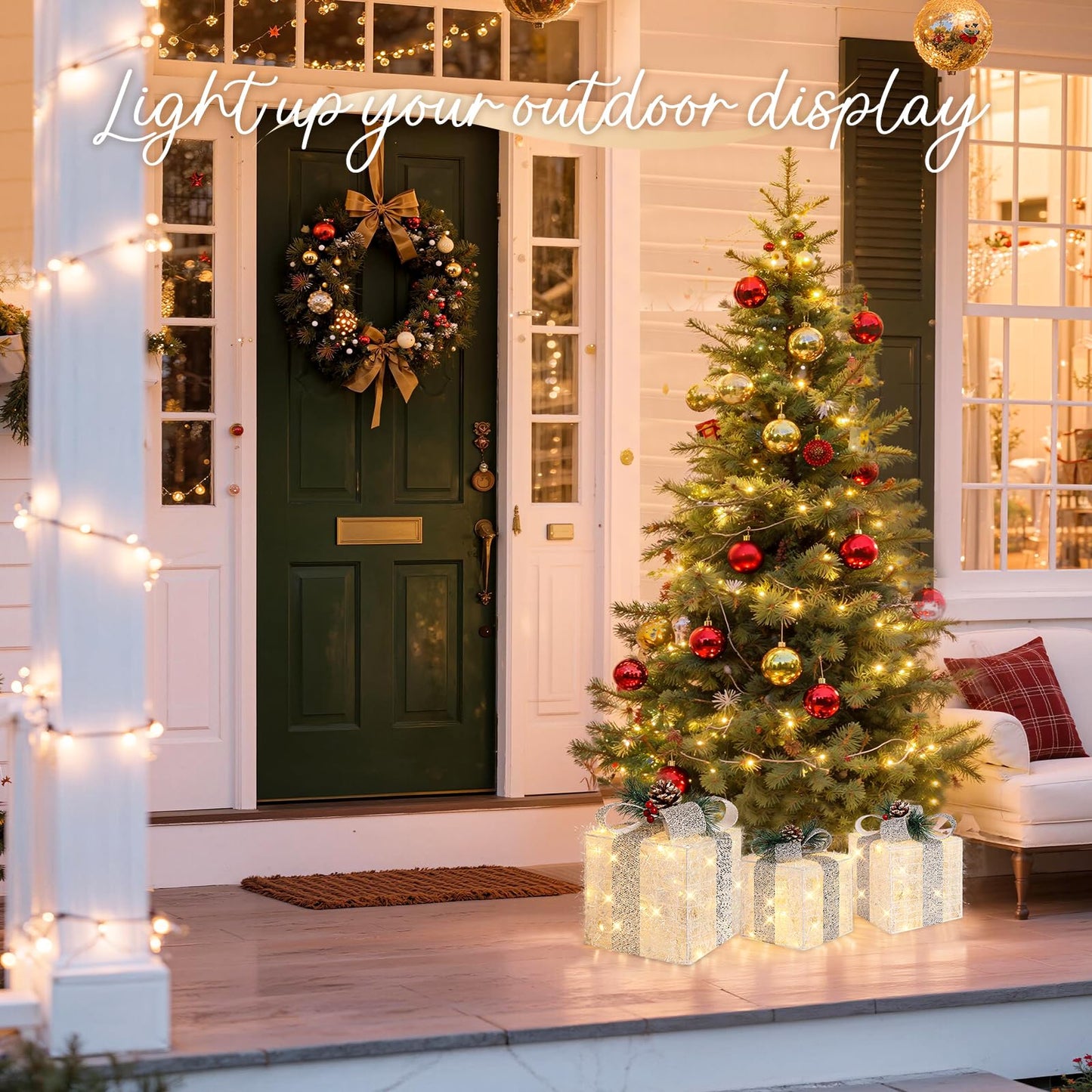 Towponics Set of 3 Christmas Lighted Gift Boxes with Plug, Indoor Outdoor Christmas Decorations with 60 LED Warm White Mini String Lights, Present Boxes with Silver Tinsel for Xmas Tree Porch Decor