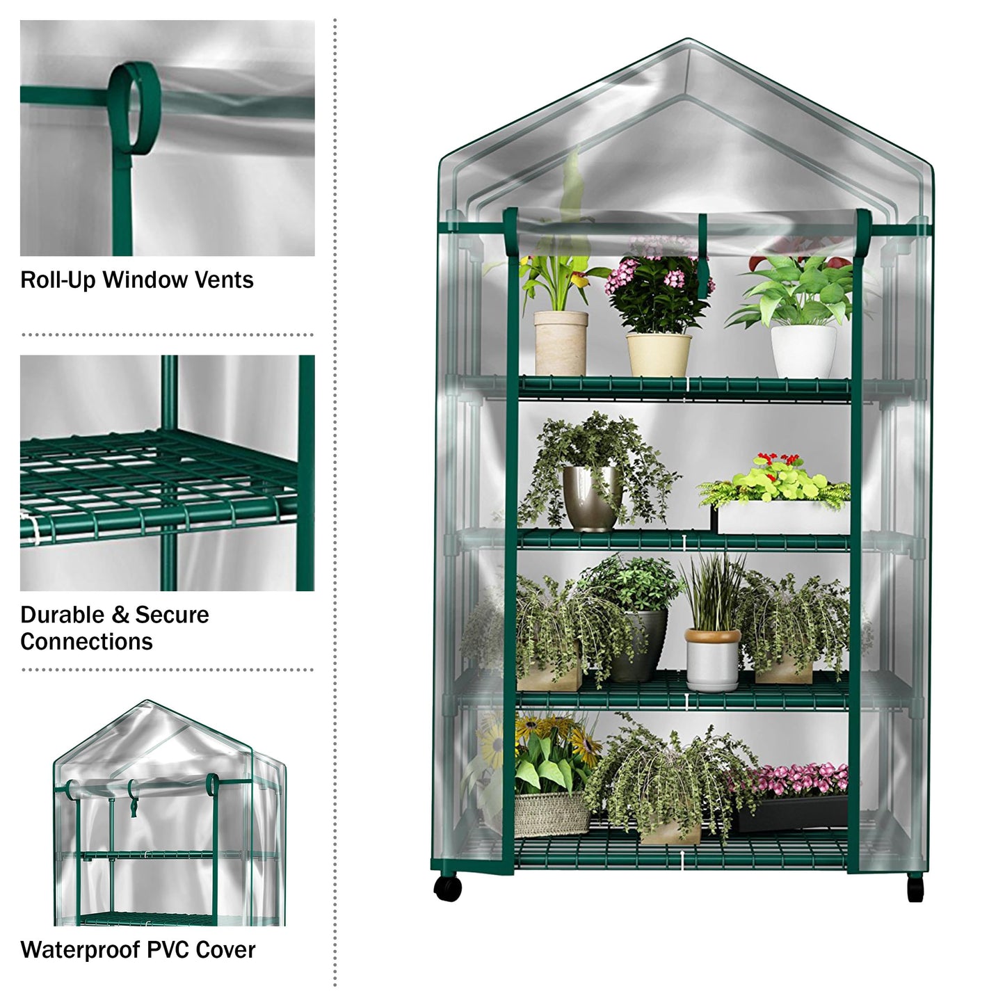 4 Tier Mini Greenhouse - Portable Greenhouse with Locking Wheels and PVC Cover for Indoor or Outdoor - 27 x 19 x 63-Inch Green House by Pure Garden