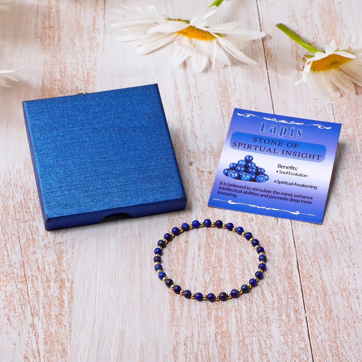 QOGIR Lapis - Stone of Spiritual Insight - 14K Gold Plated Beads Natural Gemstone Stretch Elastic Dainty Healing Beaded Bracelets Gifts 4mm