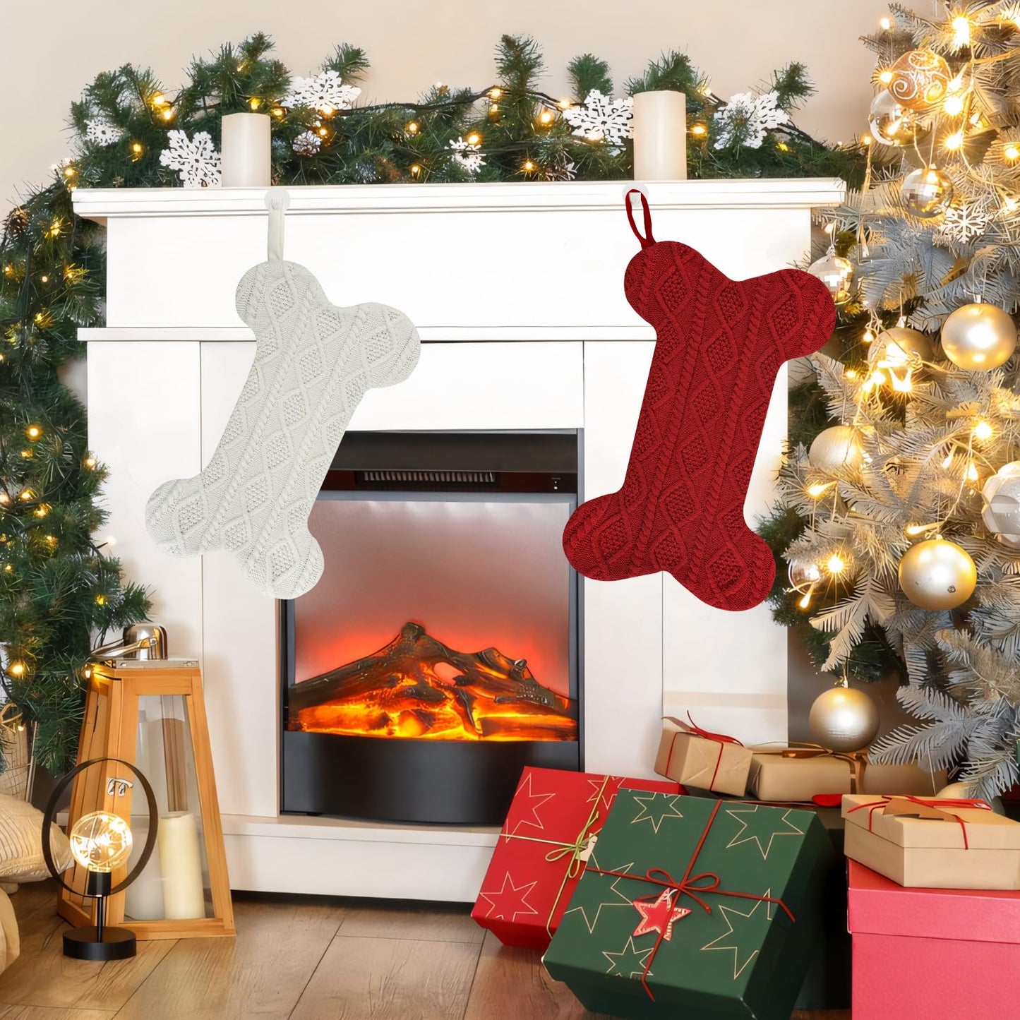 KCFESTIHUE Christmas Stocking, Large Dog Bone Shape, Super Soft Cable Knit Pattern, 18", Fireplace Hanging Holiday Decoration, Knitted Xmas Stockings for Pets, Family Party Décor, White