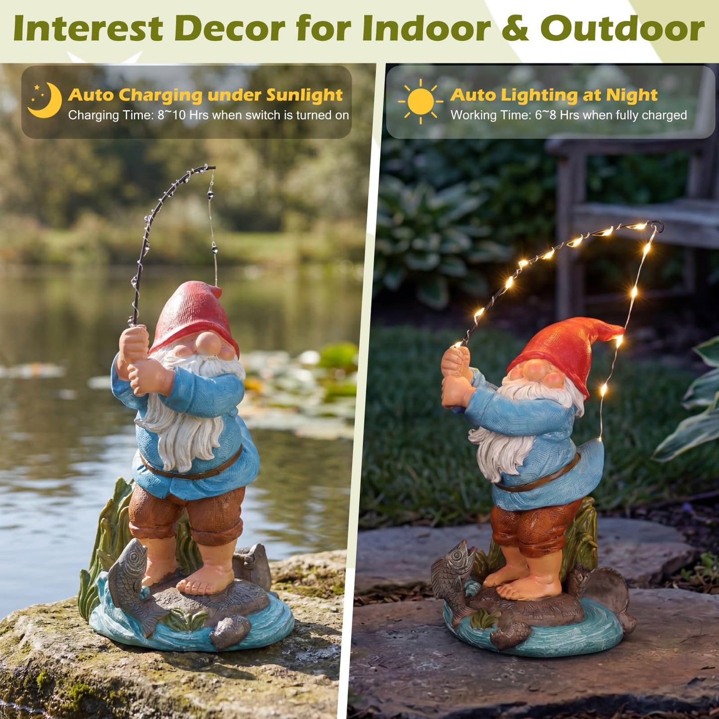 EXYGLO Solar Gnome Garden Statue Decor, 8.5" Fishing Gnome Outdoor Funny Decoration for Lawn, Patio, Yard, and Unique Housewarming, Birthday Ornament Gift for Mother, Friend, Family