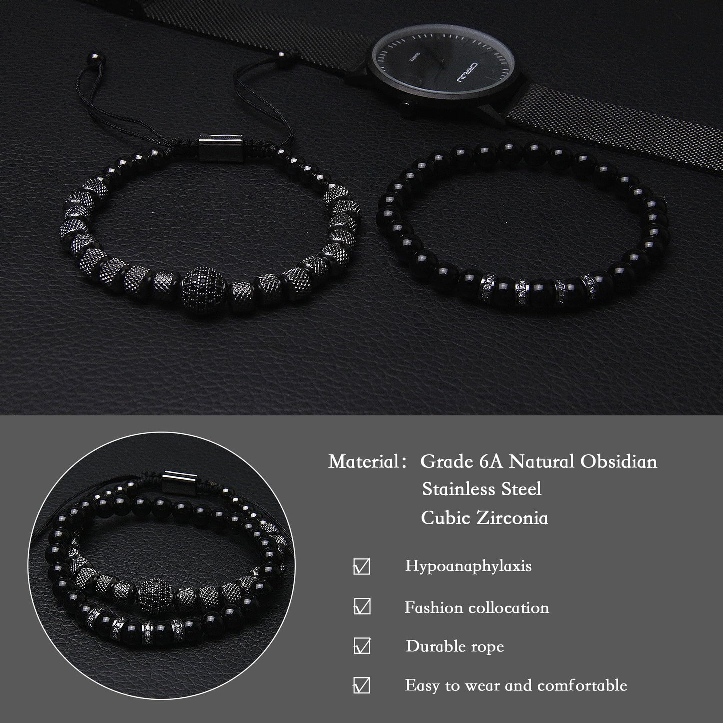 Men's Beaded Bracelets - 6mm Obsidian Stainless Steel Bracelet With Cubic Zirconia Beads - Adjustable Bracelet Set for Couples, Boyfriend, Husband (Black)