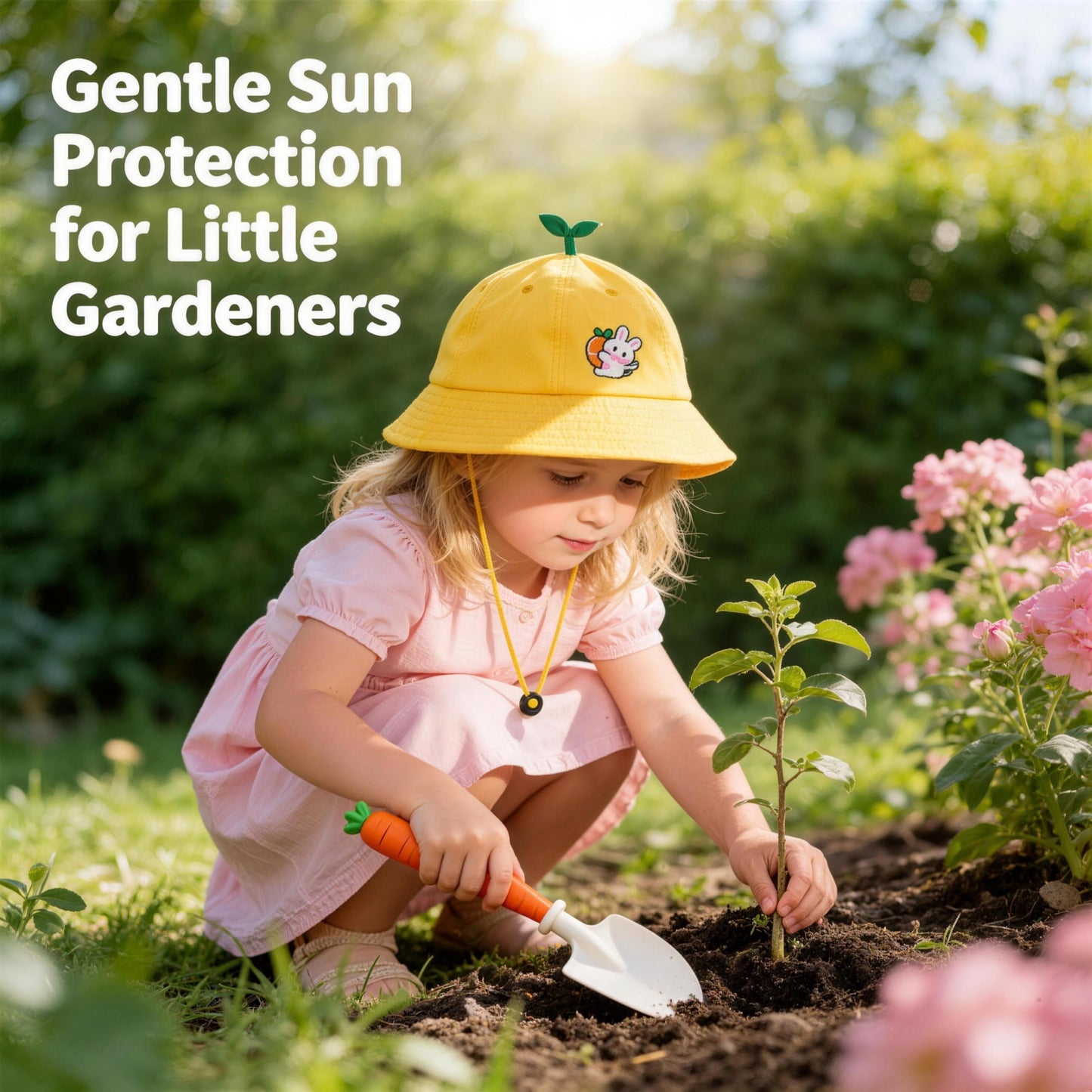 Kids Gardening Outdoor Tools Set with Adorable Sun Protective Hat & Bunny Apron, Carrot-Shaped Shovel Rake Trowel, Garden Kit for Toddlers Ages 3-8, Spring Birthday Gift