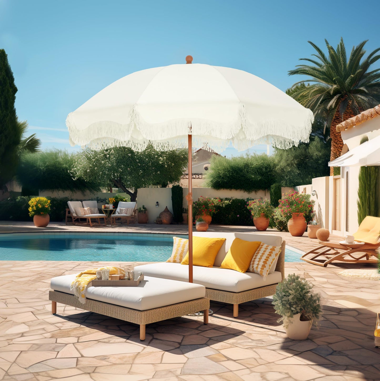 HERA'S PALACE 7 ft Heavy Duty Beach Umbrella with Sand Anchor, Fringe Umbrella for Sand, UV 50+, Patio Umbrella with Tilt Pole for Garden Pool Backyard