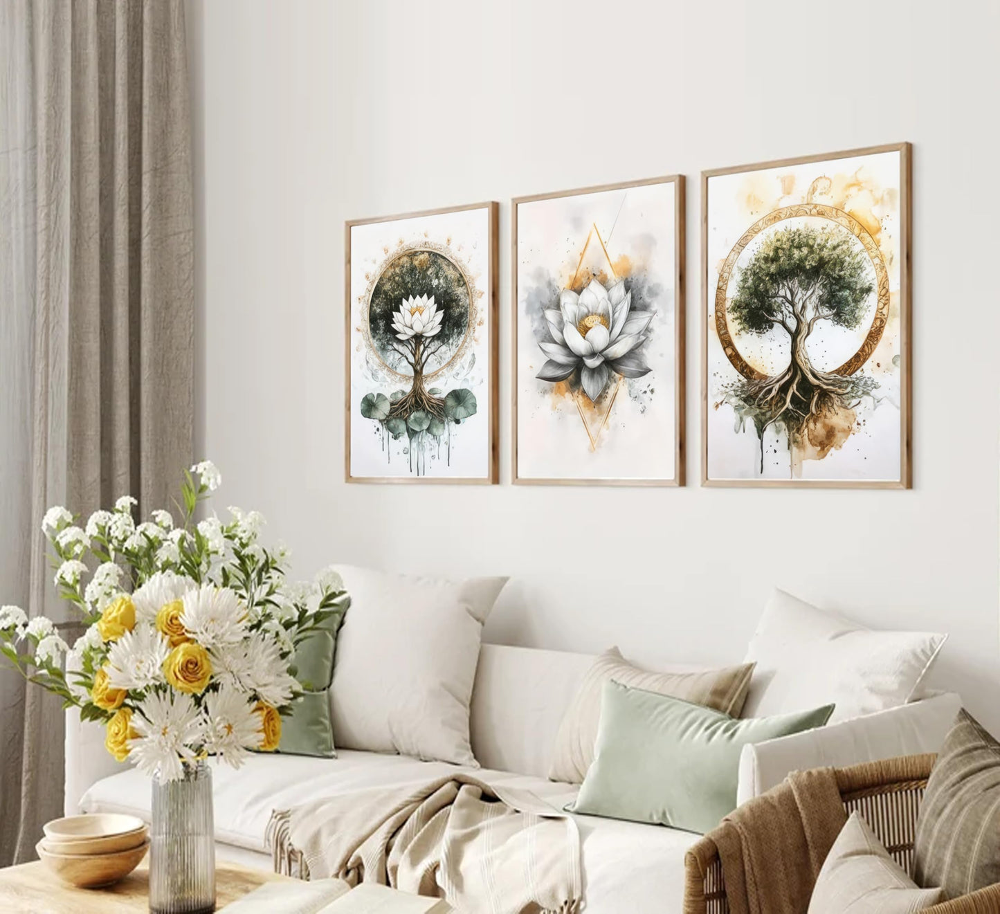3PCS Zen Meditation Lotus Wall Art Spiritual Bathroom Yoga Spa Posters Prints Artwork Tree of Life Paintings Pictures Wall Decor for Living Room Office Bedroom Home Decoration Unframed.