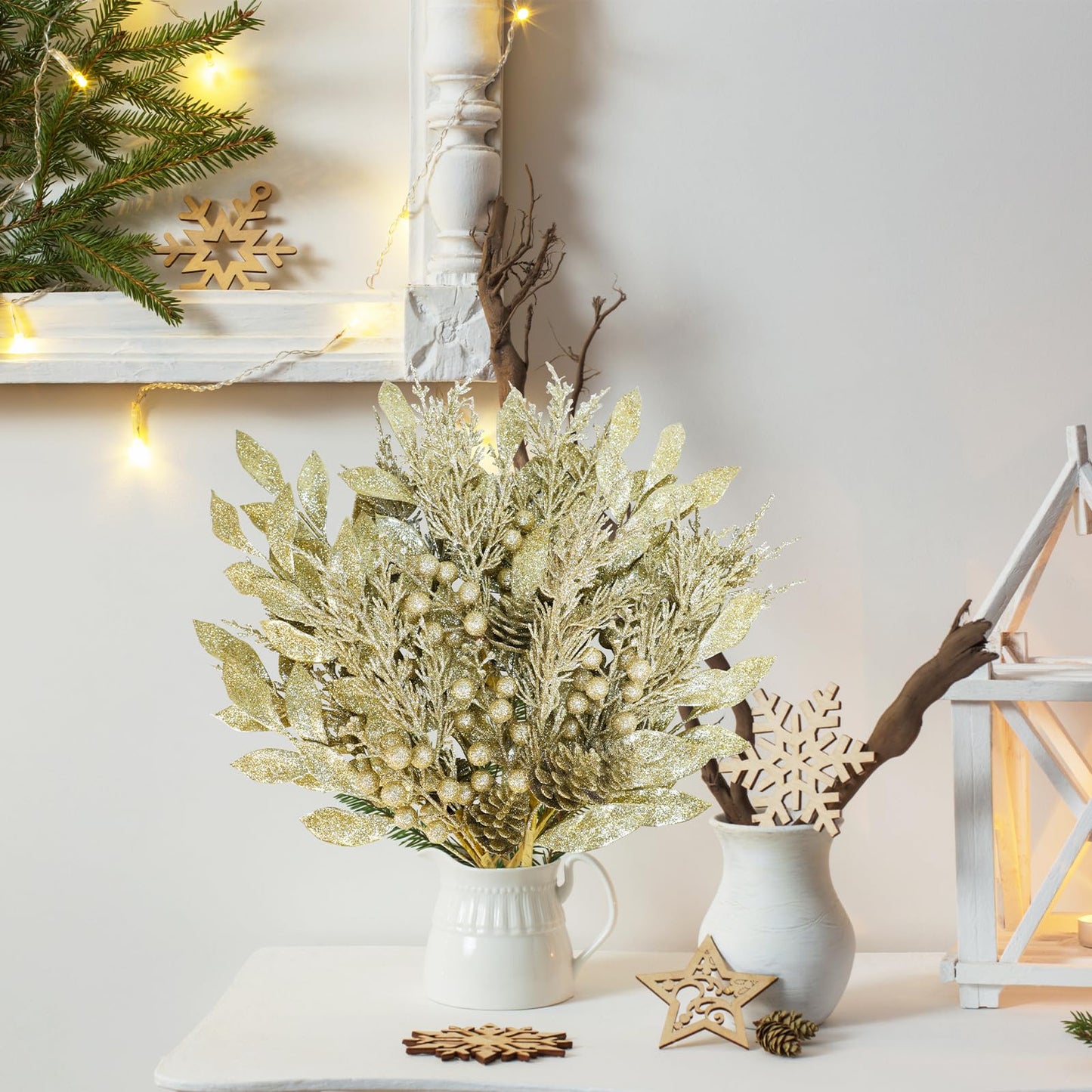 Winlyn 24 Pcs Christmas Glitter Artificial Leaf Picks Pine Needles Pinecone Berries Stems Champagne Glittered Christmas Tree Sprays for Holiday Floral Arrangements Centerpiece DIY Wreaths Garlands