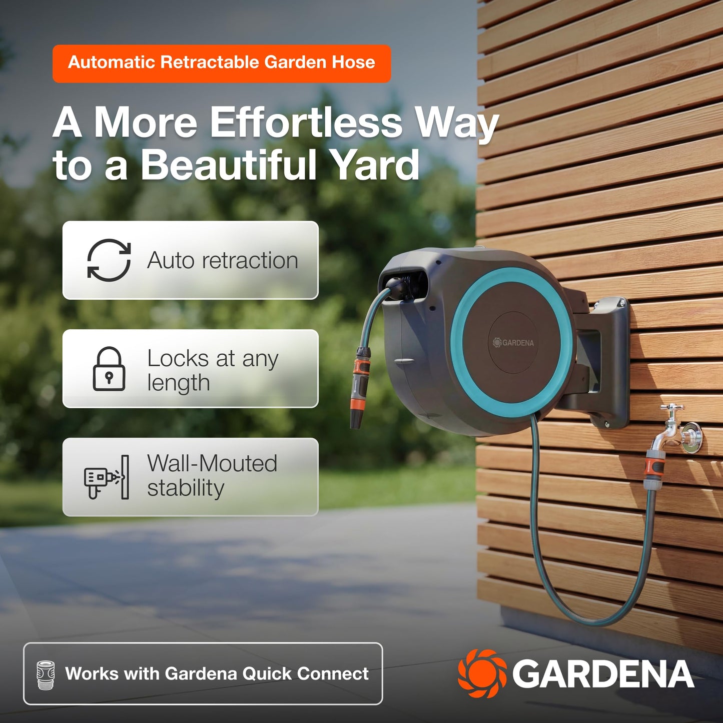 GARDENA (18630) Retractable Garden Hose Reel 115' x 1/2" Wall Mounted, Automatic Retraction & Length Lock for Easy Watering. Heavy Duty Swivel Bracket 180°, Includes Nozzle. Made in Europe