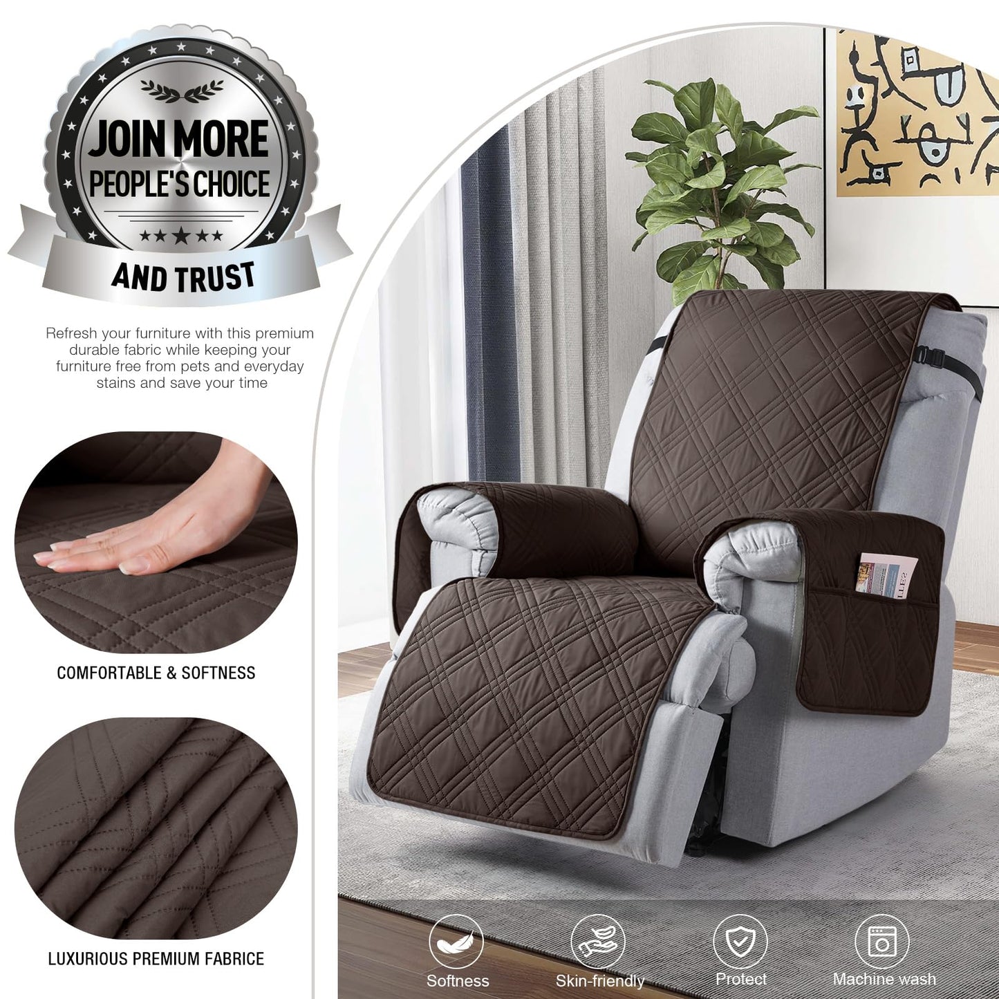 TAOCOCO 100% Waterproof Recliner Chair Cover, Non Slip Covers for Recliner Chair with Pocket, Washable Reclining Chair/Furniture Protector for Kids, Pets(23.6'', Chocolate)