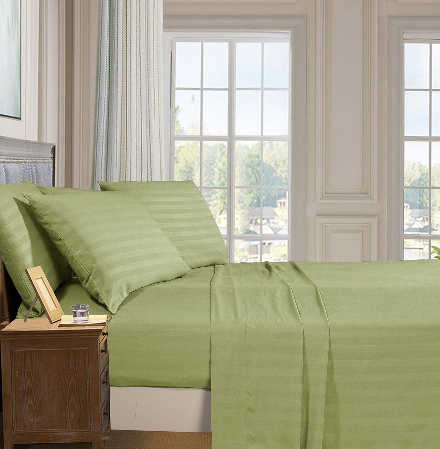 Elegant Comfort Best, Softest, Coziest 6-Piece Sheet Sets! - 1500 Premier Hotel Quality Luxurious Wrinkle Resistant 6-Piece Damask Stripe Bed Sheet Set, Queen Sage/Green