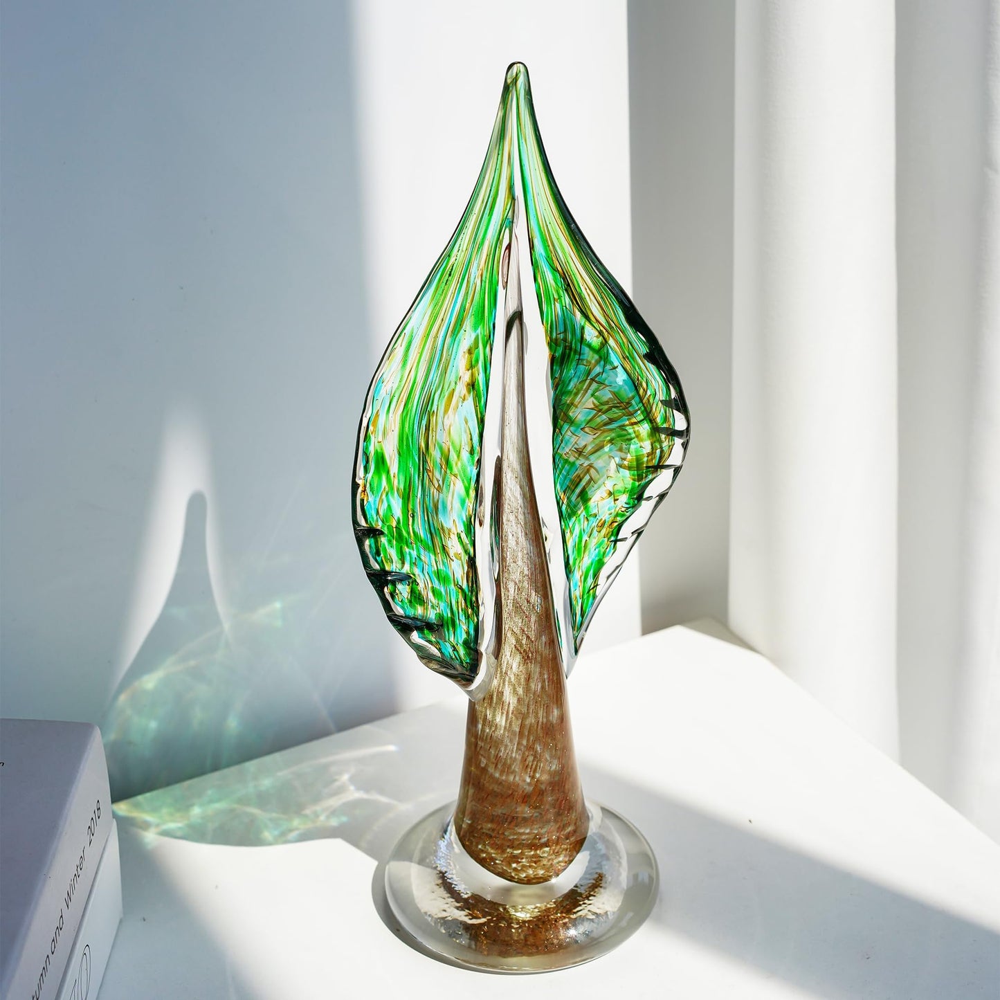 QFkris Blown Glass Tree of Life Leaf Sculpture for Home Decor, 12inch Hand Blown Glass Art Decorative Statue for Book Shelf Living Room Office Desk Home Decoration Accents Collectible Figurines