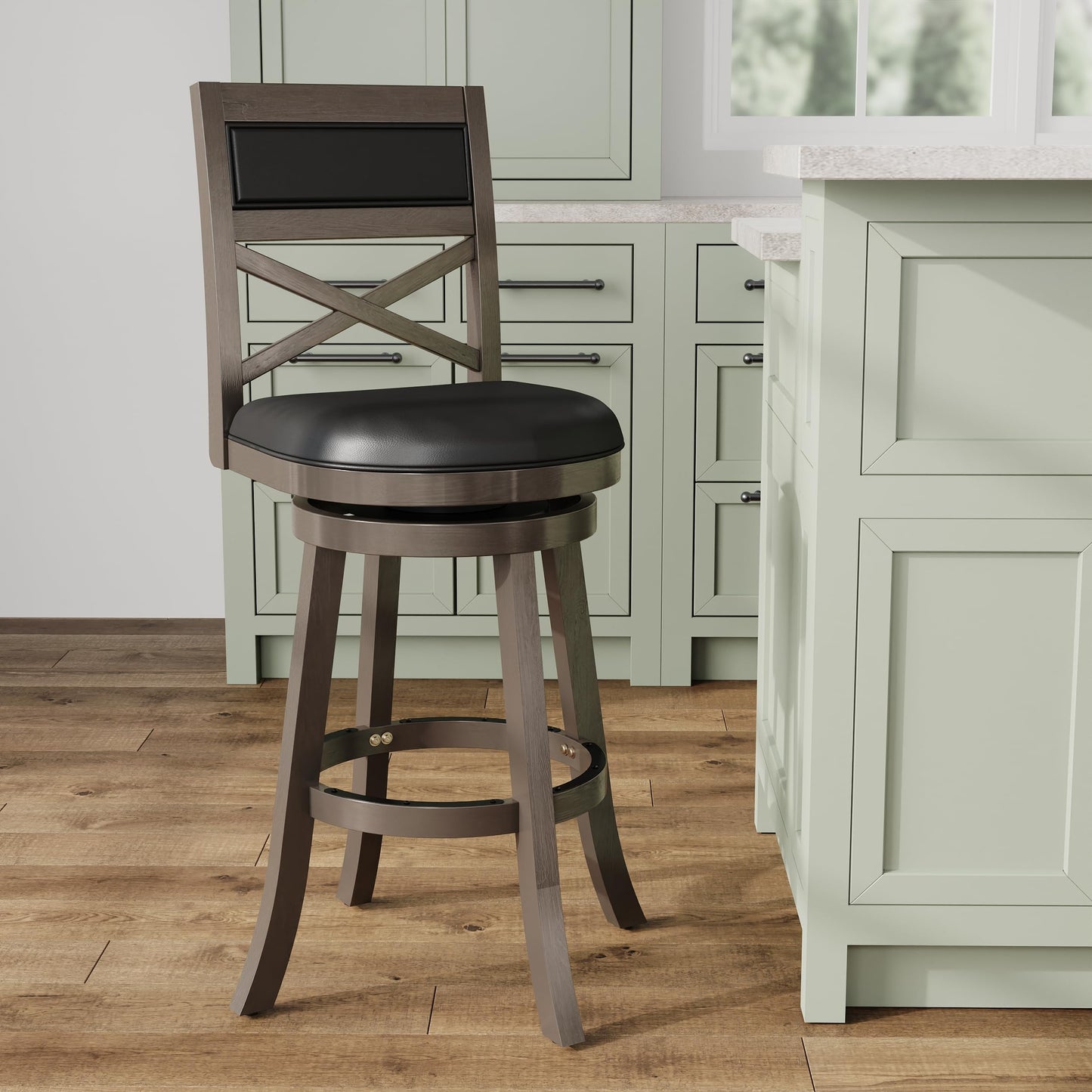 DTY Indoor Living Meeker X Back Fabric Swivel Stool, 30” Bar Height, Weathered Grey Finish, Black Leather Seat