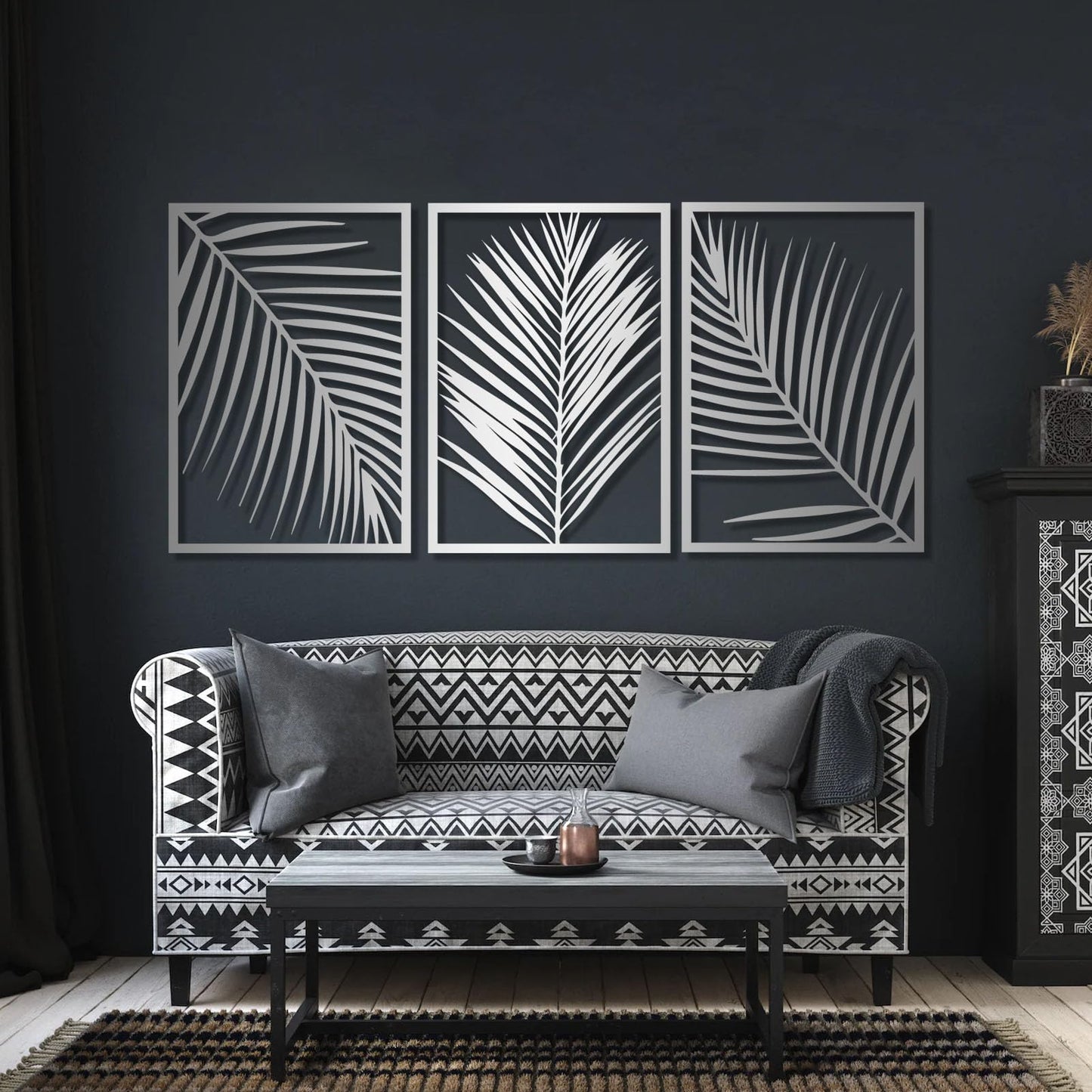 Gasijet Metal Palm Leaves Wall Decor, Metal Leaves Wall Decor, Palm Leaf Art, Line Art Nature Plant Wall Art, Set of 3, Wall Decorations for Living Room, Bedroom (White, 39 x 19 in / 96 x 47cm)