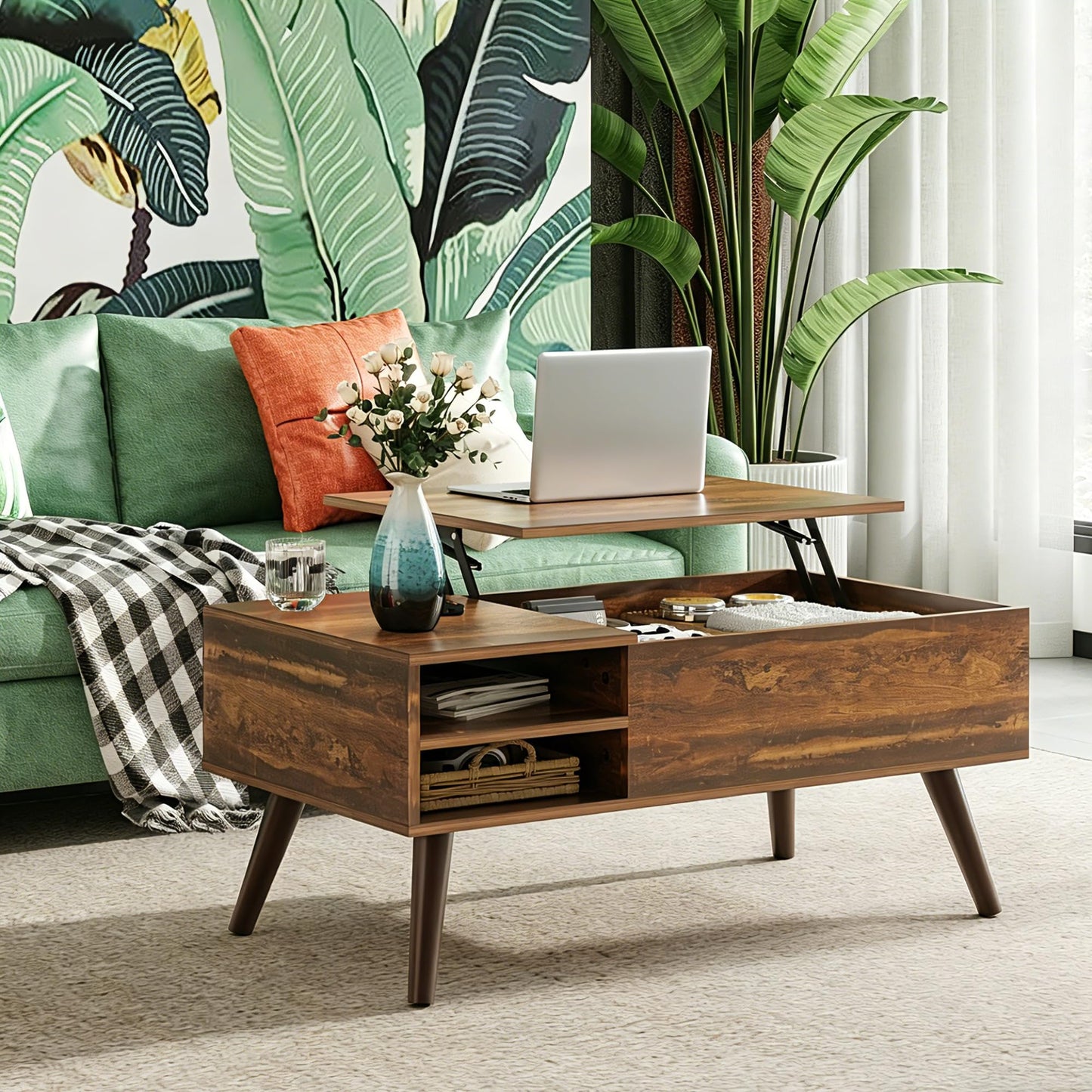WLIVE Lift Top Coffee Table for Living Room,Small Coffee Table with Storage, Adjustable Shelf and Storage Compartment, Mid Century Modern Living Room Table, Wood, Rustic Brown