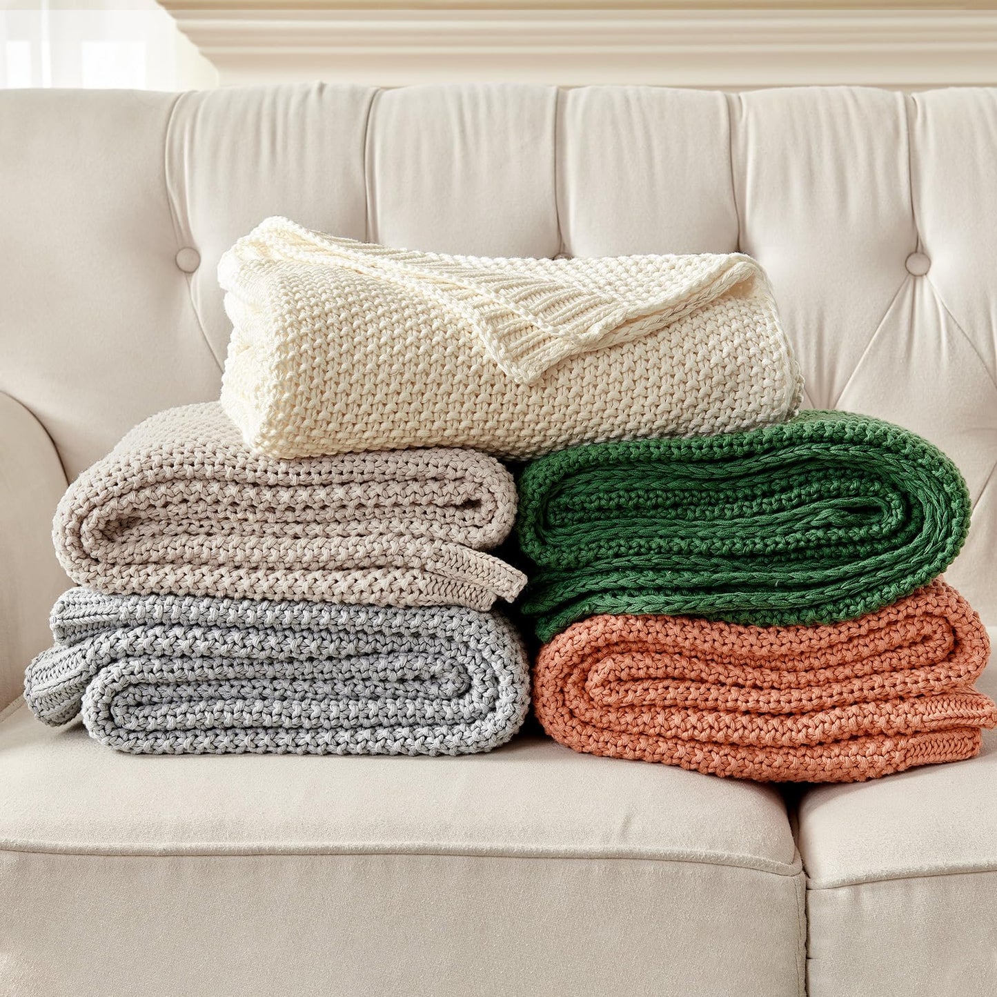 Joydeco Chunky Cable Knit Throw Blanket, Lightweight 100% Organic Cotton Soft Cozy Throw Twin Blanket for Couch Bed and Sofa, Rustic Breathable Farmhouse Blanket Gift for Women Men(Beige, 51"x63")