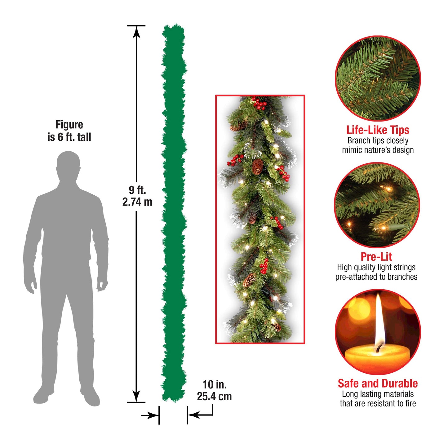 National Tree Company 9 ft Pre-Lit Crestwood Spruce Artificial Christmas Garland, Christmas Decoration with Glitter, Pinecones, Red Berries, 50 Warm White LED Lights, 180 Tips, Timer, Green