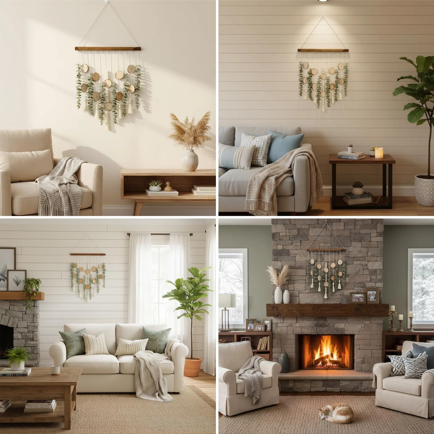 Boho Wall Decor Artificial Eucalyptus Wall Hanging Decor Fake Eucalyptus Plants hunging on Carbonized Wooden Stick for Bathroom Bedroom Nursery Living Kitchen Dining Room