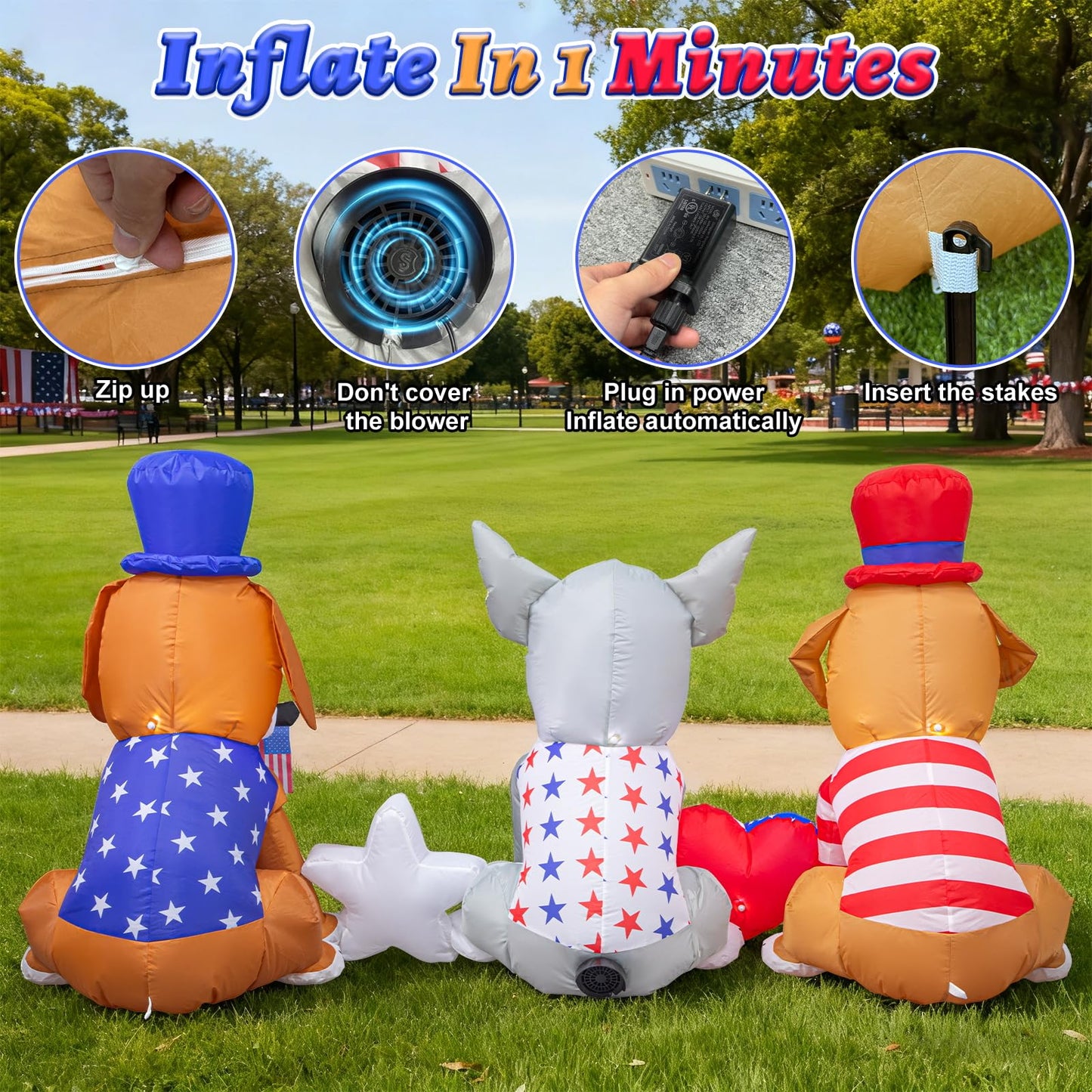 Spinosaurus 7FT 4th of July Inflatables Outdoor Decoration 3dog USA Flag Print Heart Star with LEDs Blow Up Independence Day Patriotic Holiday Yard Decorations