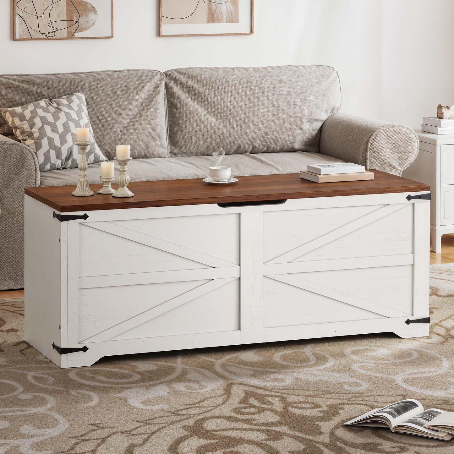 DWVO Storage Bench, 47.2" Farmhouse Storage Chest with 2 Safety Hinges, Wooden Utility Organizer, Shoe Bench for Entryway, Bedroom, Living Room, White and Walnut