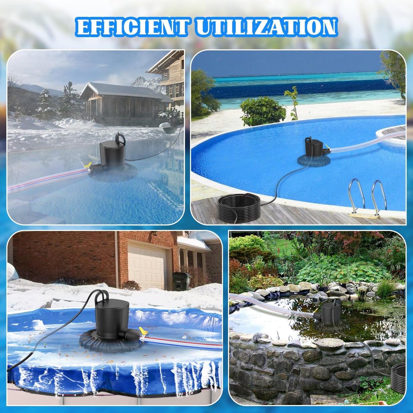 GAIZERL Pool Cover Pump, 3000L/H Automatic On Off Swimming Pool Cover Pump with 2 Garden Hose Adapters, 23ft Drainage Hose, and 49ft Power Cord, Submersible Water Pump for Pool, Tubs, and Water Beds