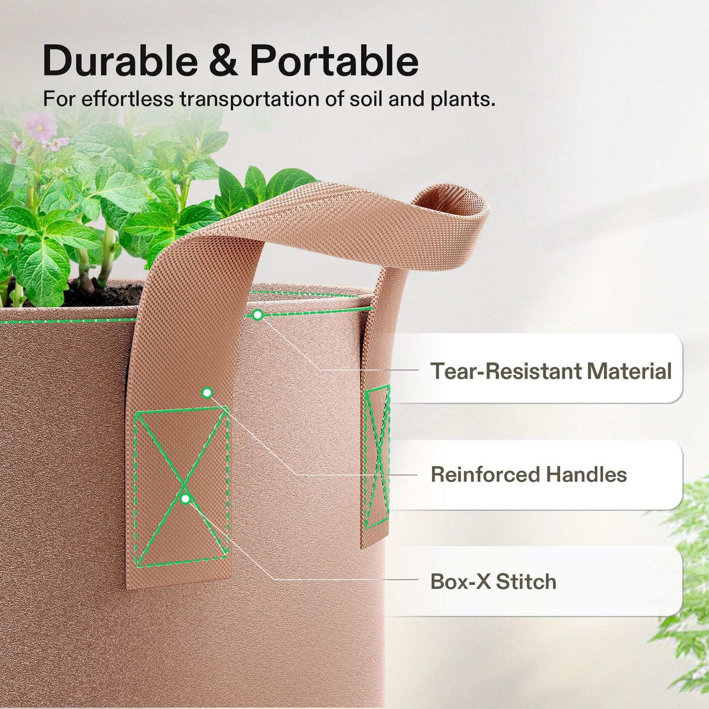 VIVOSUN 5-Pack 7 Gallons Grow Bags Heavy Duty Thickened Nonwoven Fabric Pots with Strap Handles Tan