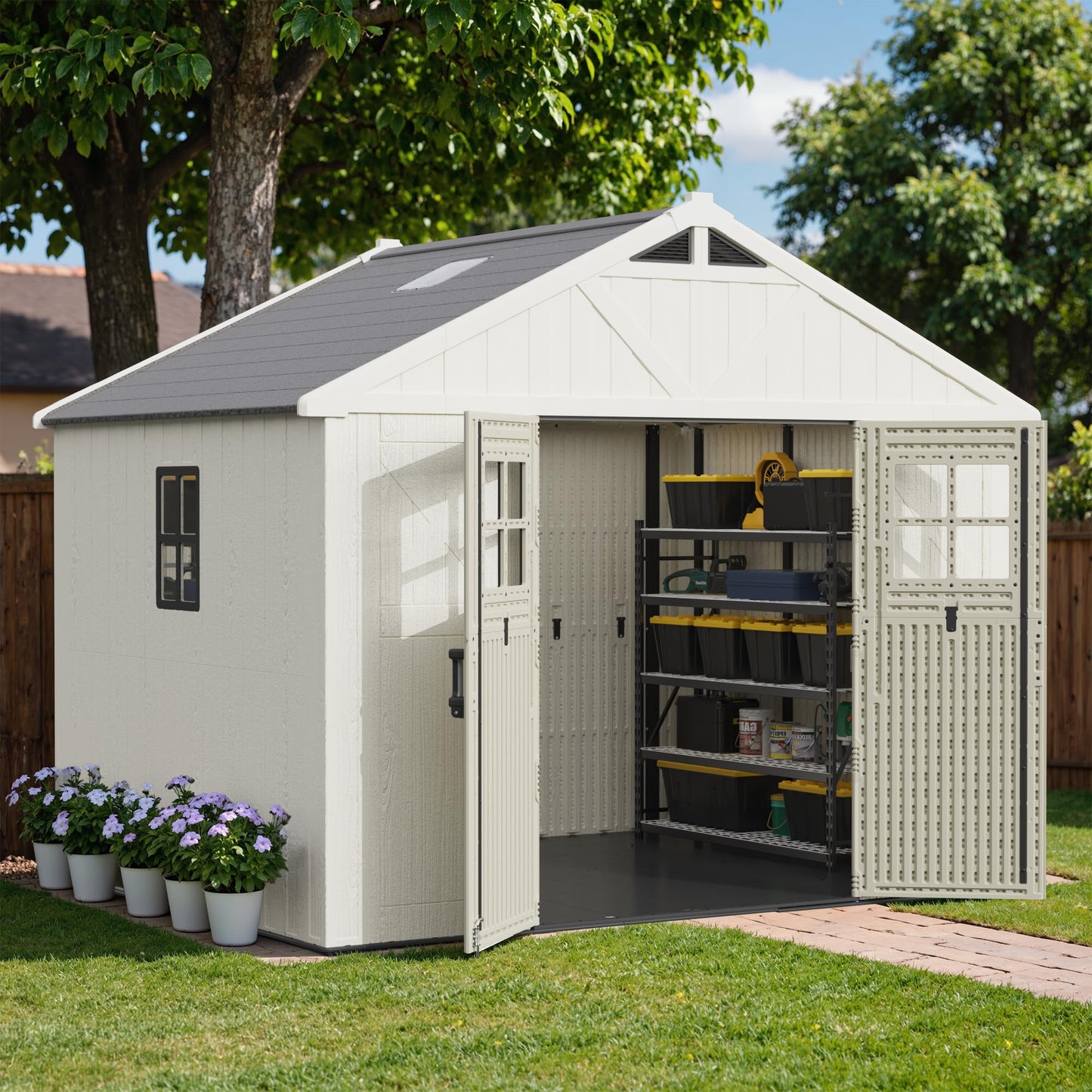 Greesum 10×8FT Plastic Outdoor Storage Shed with Floor and Lockable Door, Resin Sheds with Windows and Skylights, Organization for Garden, Backyard, Pool Supplies, Beige