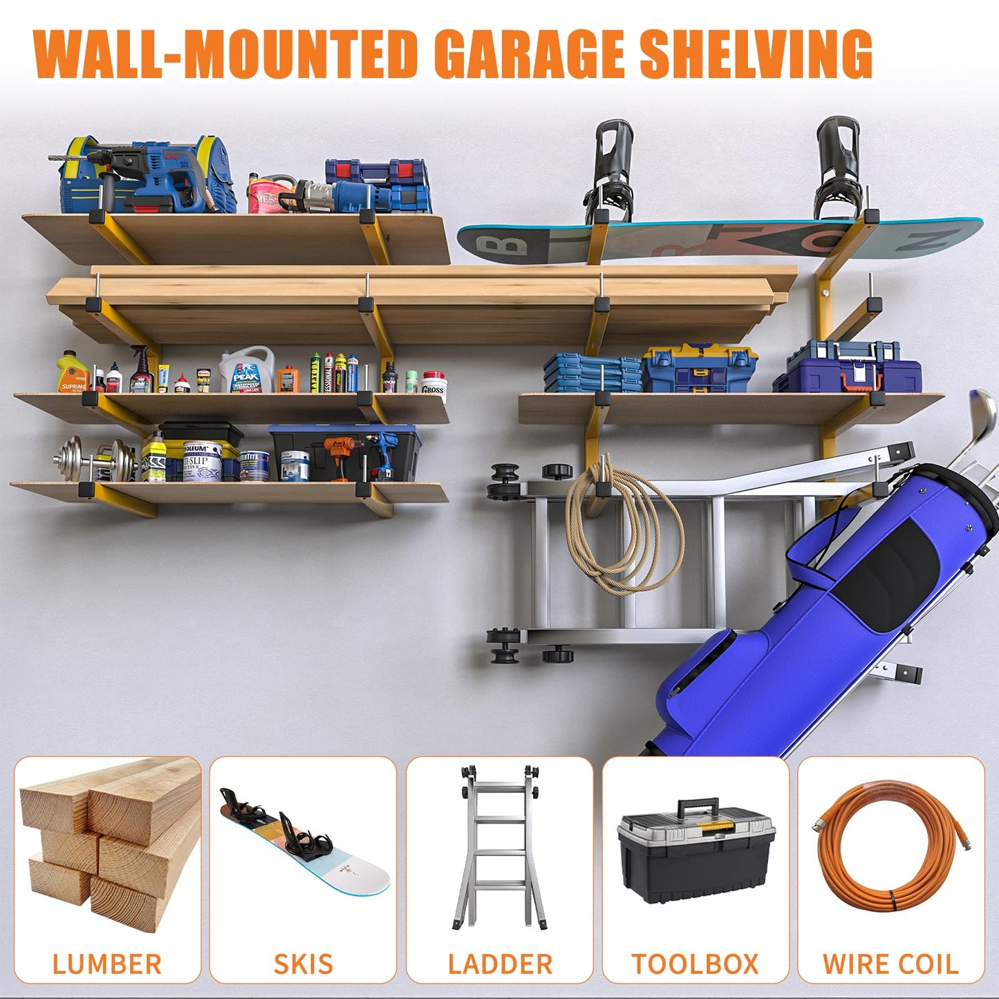 2-Pack Lumber Storage Rack, Wood Storage Racks Wall Mount, Heavy Duty Garage Wood Organizer With 4-Level System, Orange Utility Rack Organization Up 800 Lbs, Metal Lumber Shelf for Indoor and Outdoor