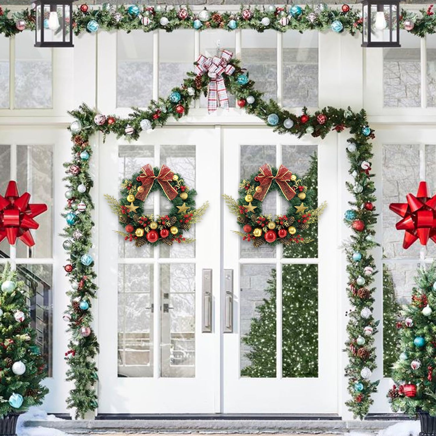 TXRXIZ 16 Inch Pre-Lit Christmas Door Wreath with Timer & Hanger & 50LED Warm Lights, Decor with Bow & Golden Ball & Star ect., Artificial Christmas Wreath for Door & Window & Fireplace