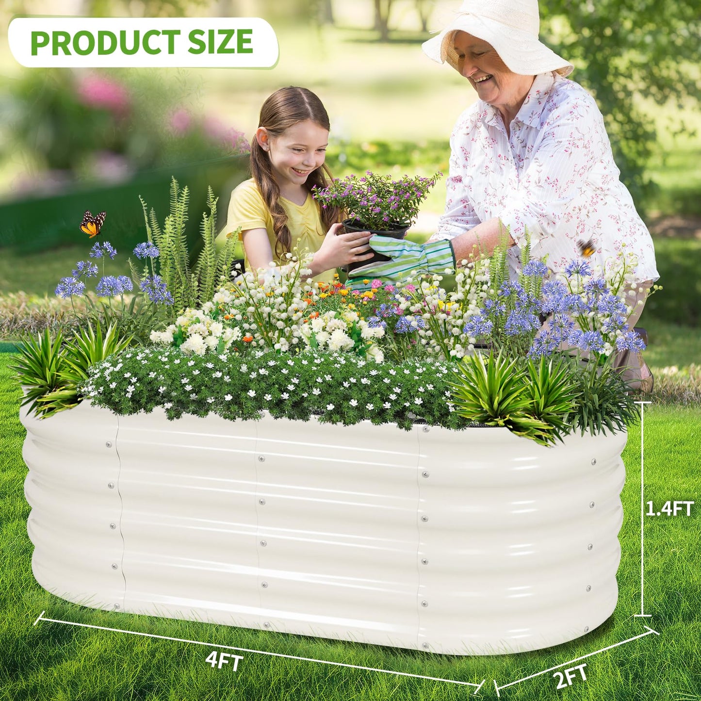 Permade Galvanized Raised Garden Bed - 4x2x1.4FT Metal Planter Boxes Outdoor | Oval Steel Raised Bed Kit for Gardening with Protective Tape, Gloves for Vegetables, Flower, Herb (White)