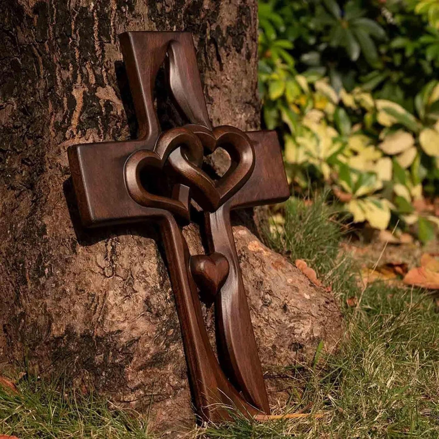 Hand-Carved Intertwined Hearts 9.84 inches Wooden Wall Cross for Wall Sacred, Mothers Day Gifts for Mom ,Handmade Hanging Cross Heart-Shaped Decoration Marriage Wedding Valentine Wood Decorative Gift