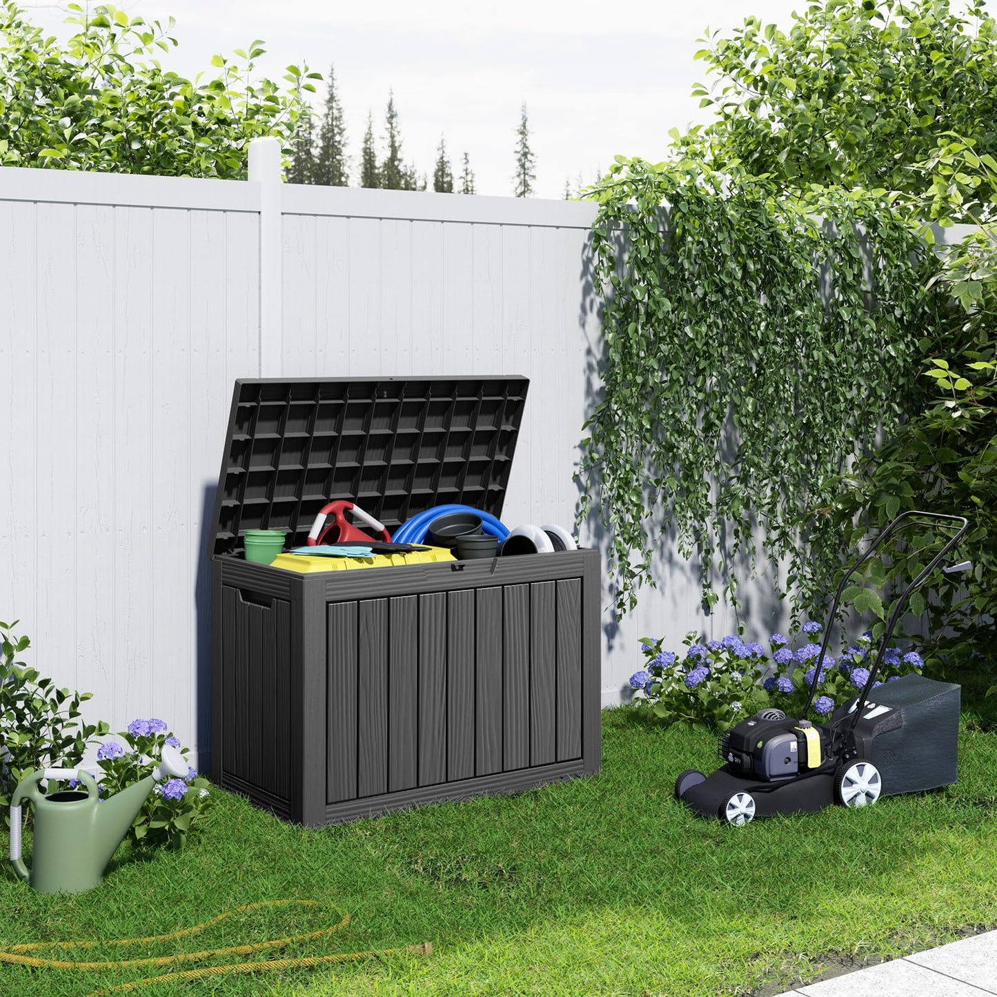 PatioZen 45 Gallon Resin Deck Box, Lockable Patio Outdoor Storage Box for Furniture, Garden Tools and Tools Storage, Waterproof Outside Storage Boxes - Black