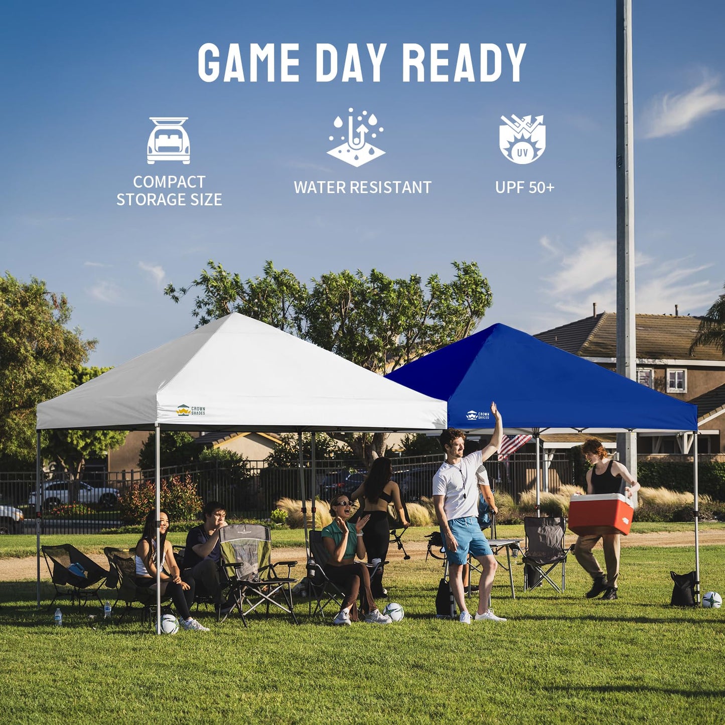 CROWN SHADES 8x8 Pop Up Canopy - Beach Tent with One Push Setup - Easy Outdoor Sun Shade for Events, Parties, Camping - Gazebo with STO-N-Go Cover Bag, Silver Coated Top, White