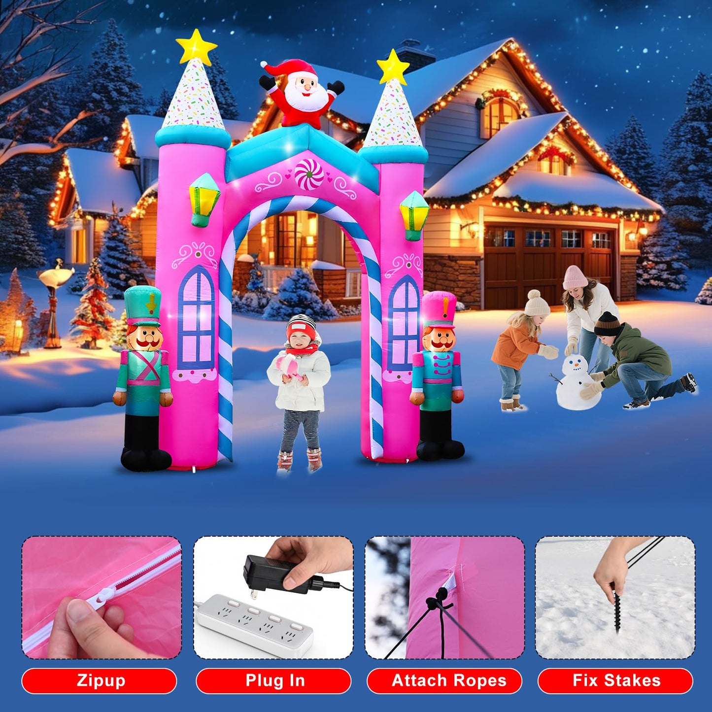 Christmas Inflatable Archway Outdoor Decoration – 12FT Nutcracker Blow Up Arch with LED Lights, Featuring Santa Claus and Festive Christmas Soldiers for Yard, Entryway, or Holiday Party
