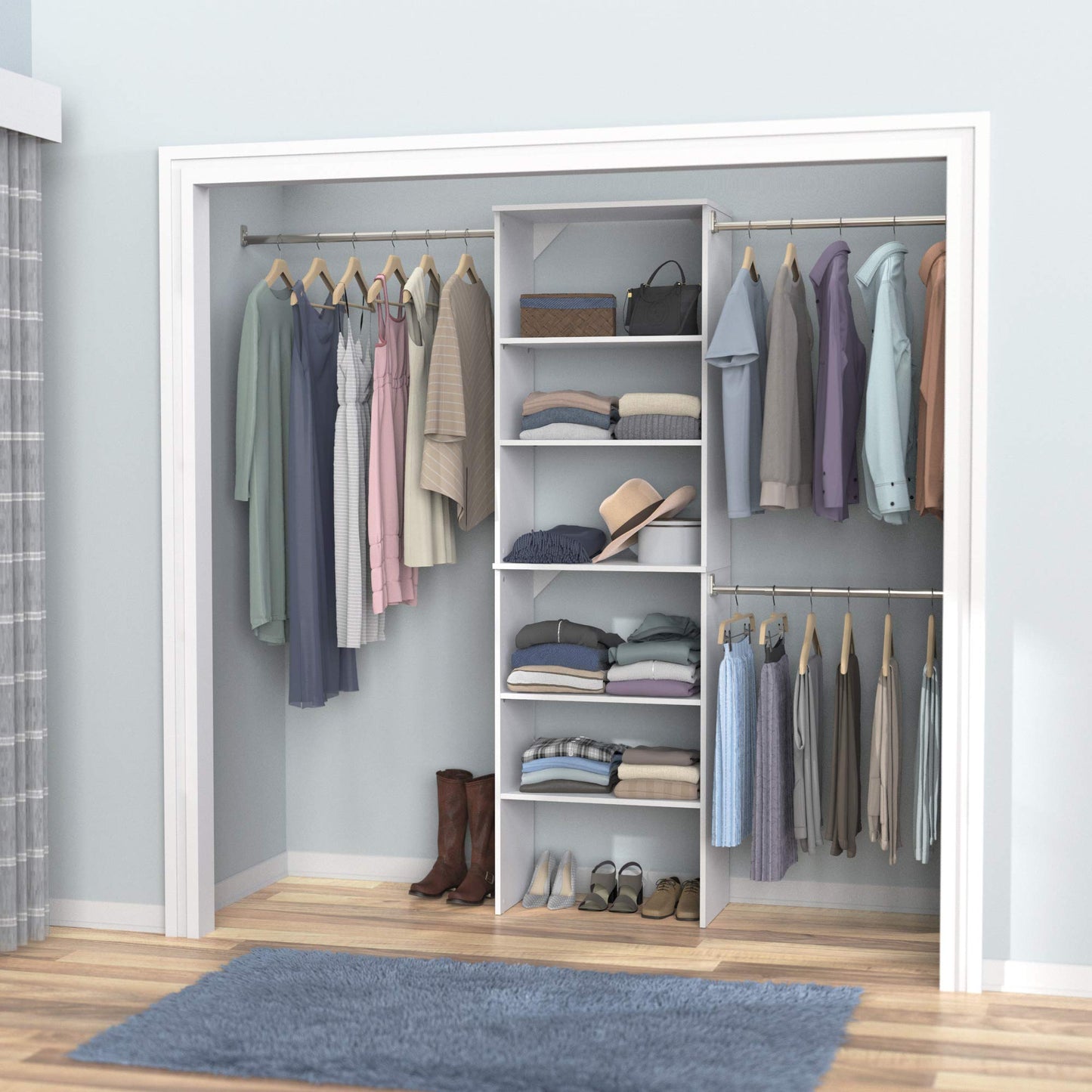ClosetMaid SuiteSymphony Wood Closet Organizer System, 25-Inch Starter Kit with Tower and 3 Hang Rods and Shelving, Adjustable Shelves, Customizable Insert, Reach-in or Walk-in Closets, Pure White