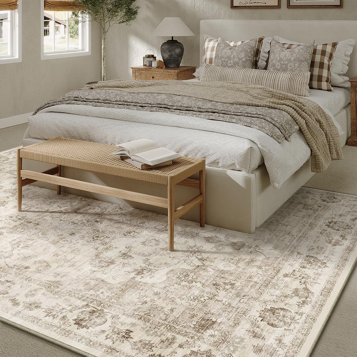 WondRg 8x10 Washable Neutral Area Rug Beige Vintage Living Room Bedroom Carpet Non-Slip Soft Low Pile Farmhouse Indoor Large Throw Rug for Dining Room Office